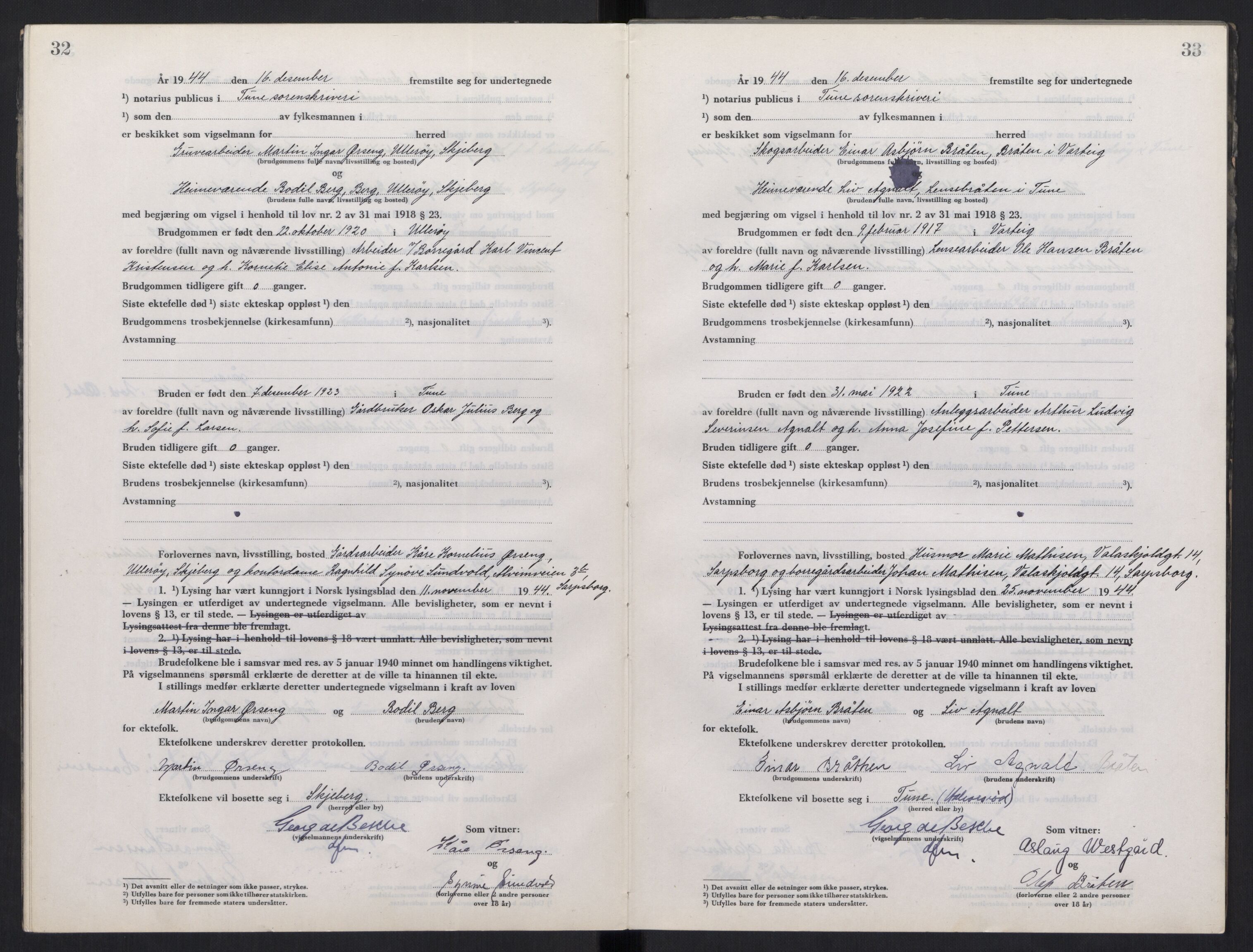 Tune sorenskriveri, AV/SAO-A-10470/L/Lb/L0003: Vigselprotokoll, 1944-1951, p. 32-33