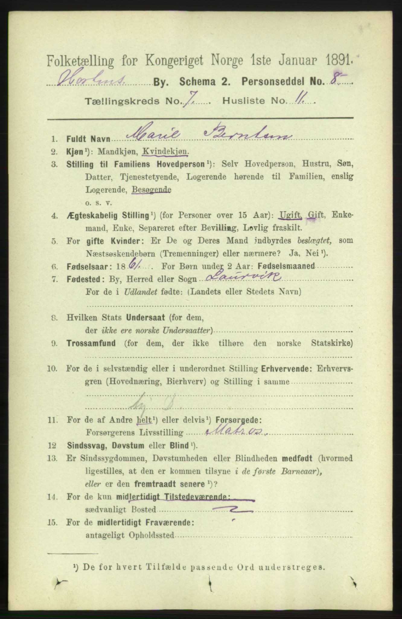 RA, 1891 census for 0703 Horten, 1891, p. 4495