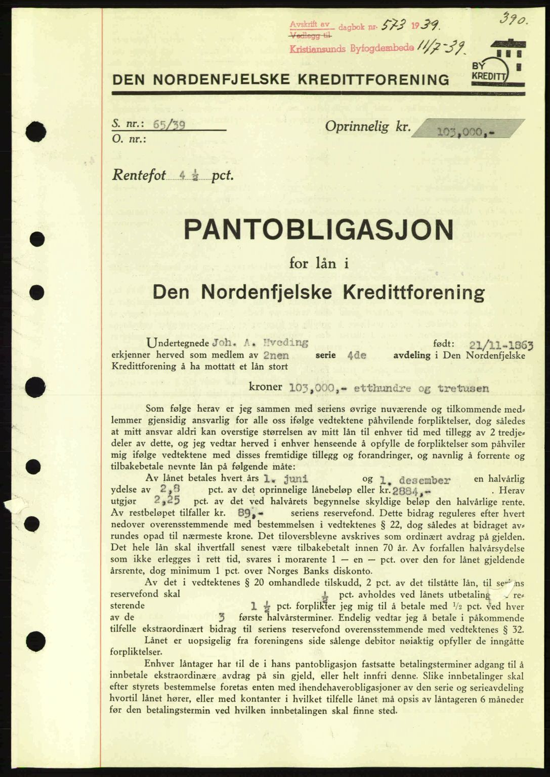 Kristiansund byfogd, SAT/A-4587/A/27: Mortgage book no. 31, 1938-1939, Diary no: : 573/1939