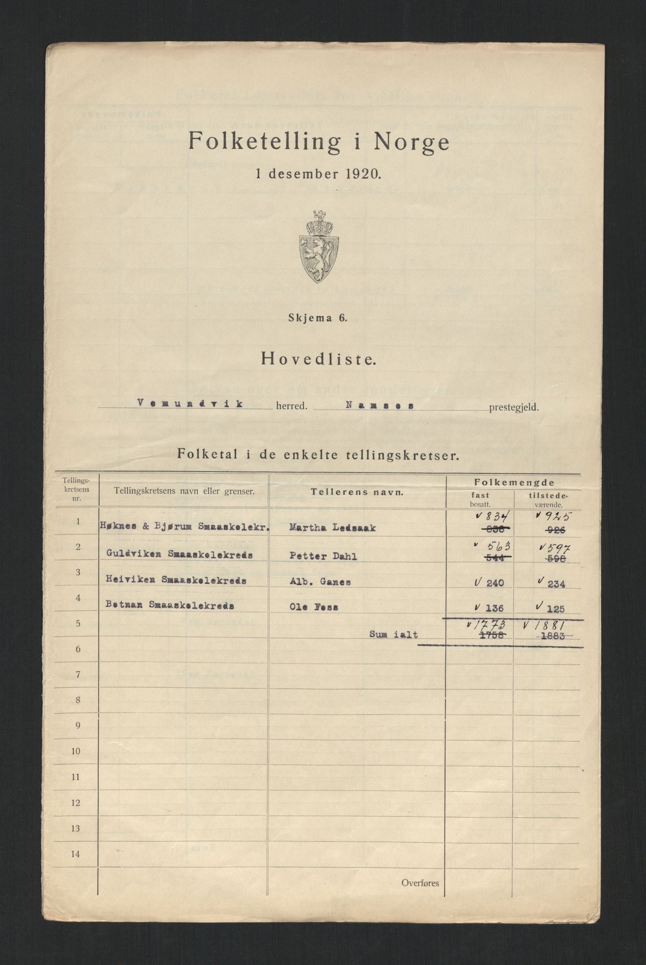 SAT, 1920 census for Vemundvik, 1920, p. 4