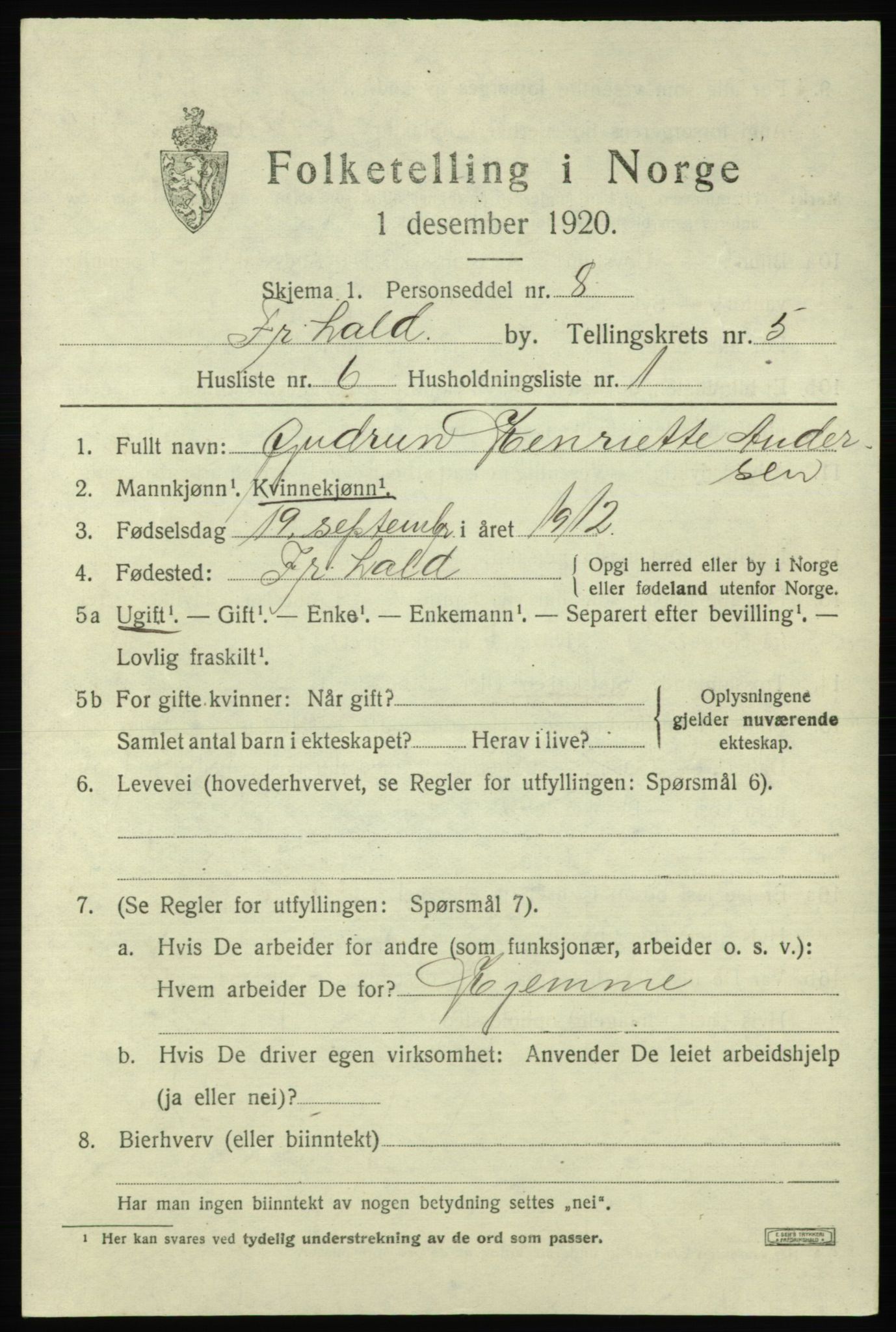 SAO, 1920 census for Fredrikshald, 1920, p. 12054