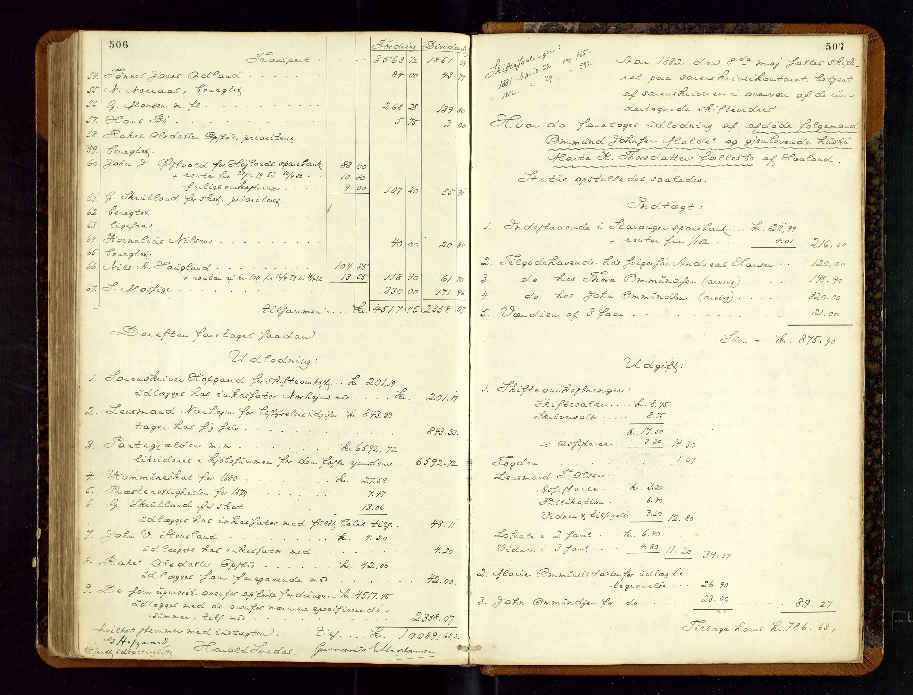 Jæren sorenskriveri, AV/SAST-A-100310/01/5/50/50BB/L0002: SKIFTEUTLODNINGSPROTOKOLL, 1877-1882, p. 506-507