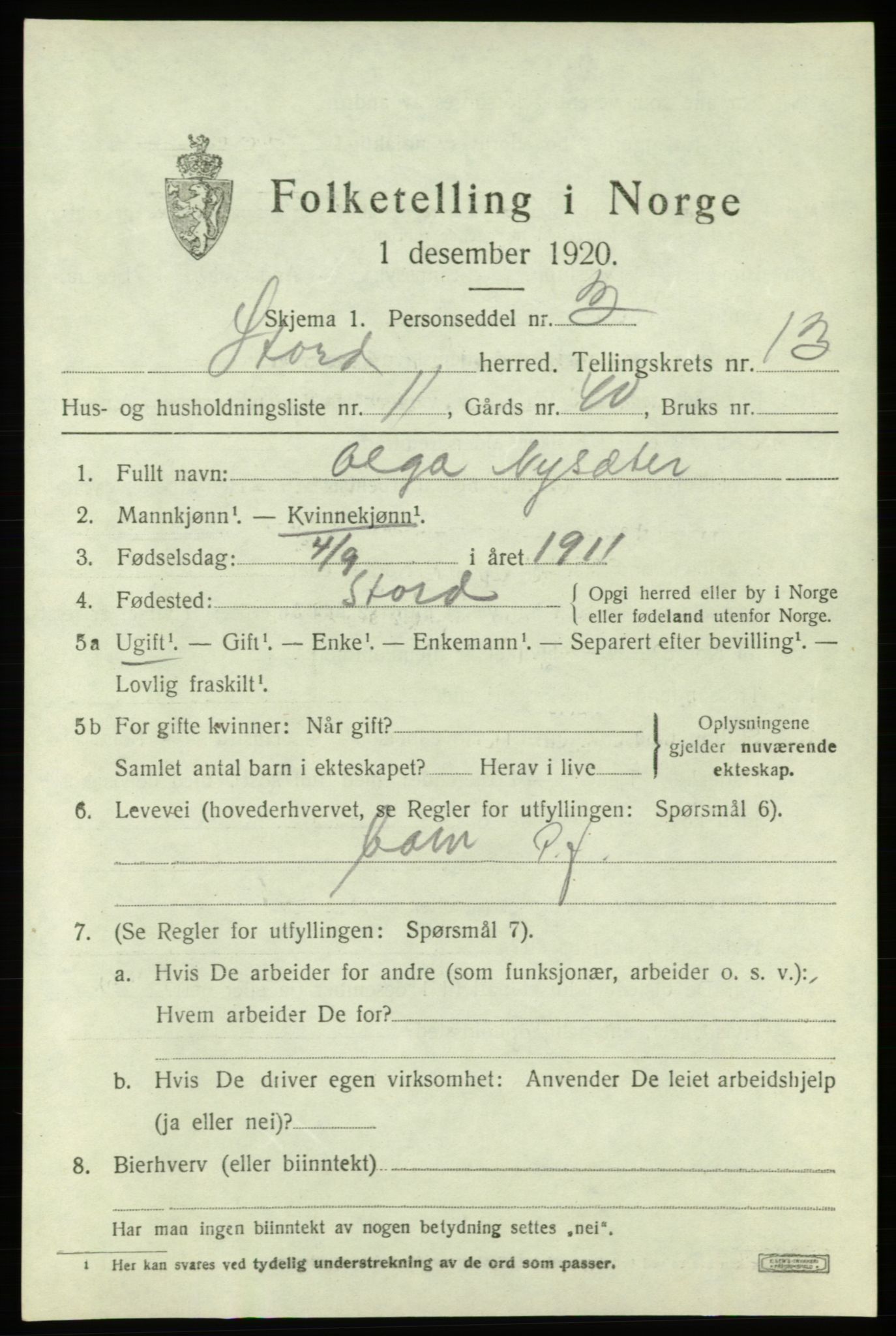 SAB, 1920 census for Stord, 1920, p. 7559