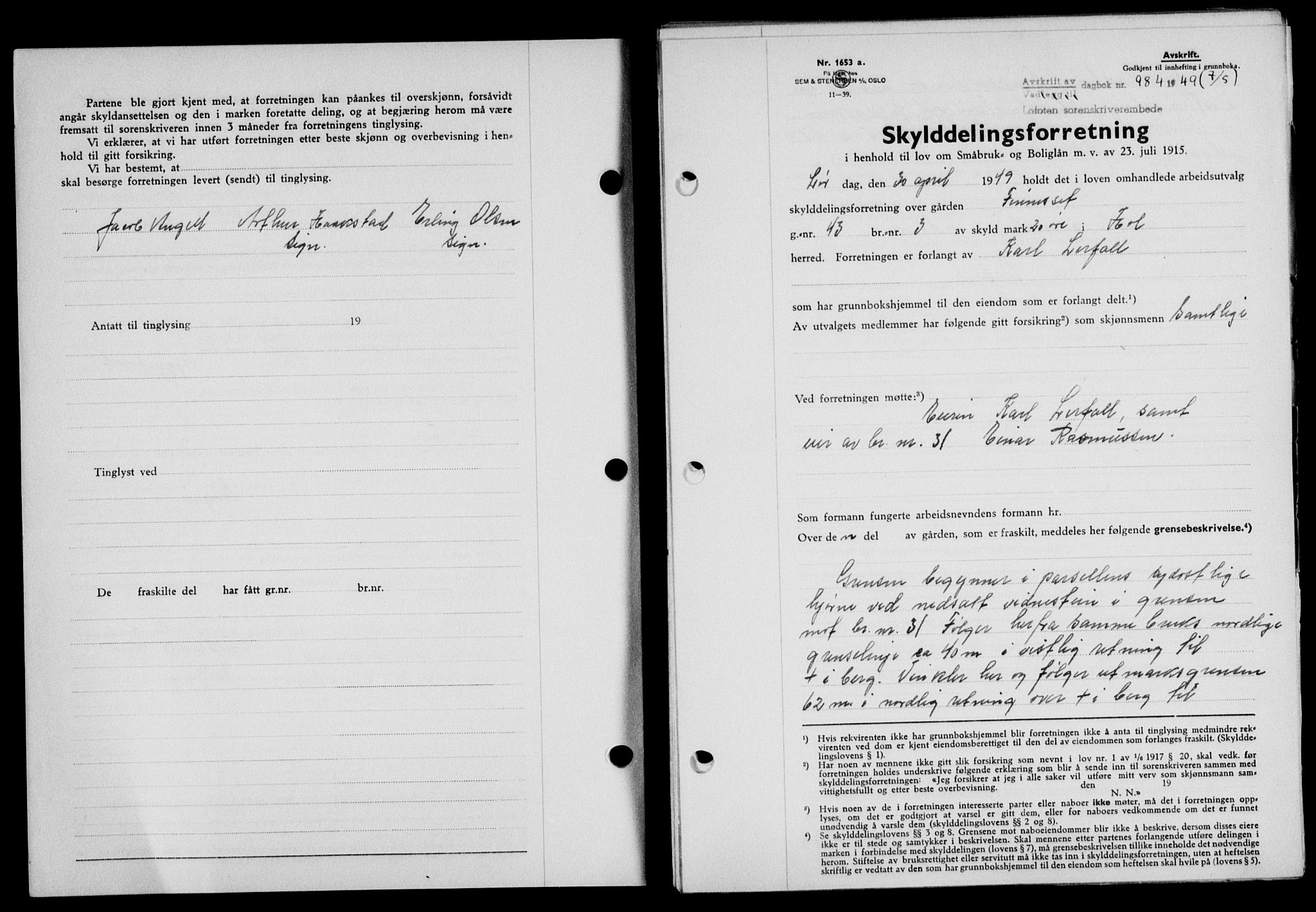 Lofoten sorenskriveri, SAT/A-0017/1/2/2C/L0020a: Mortgage book no. 20a, 1948-1949, Diary no: : 984/1949