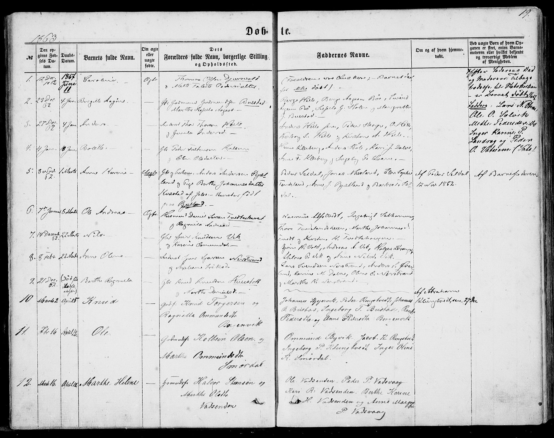Nedstrand sokneprestkontor, SAST/A-101841/01/IV: Parish register (official) no. A 9, 1861-1876, p. 19