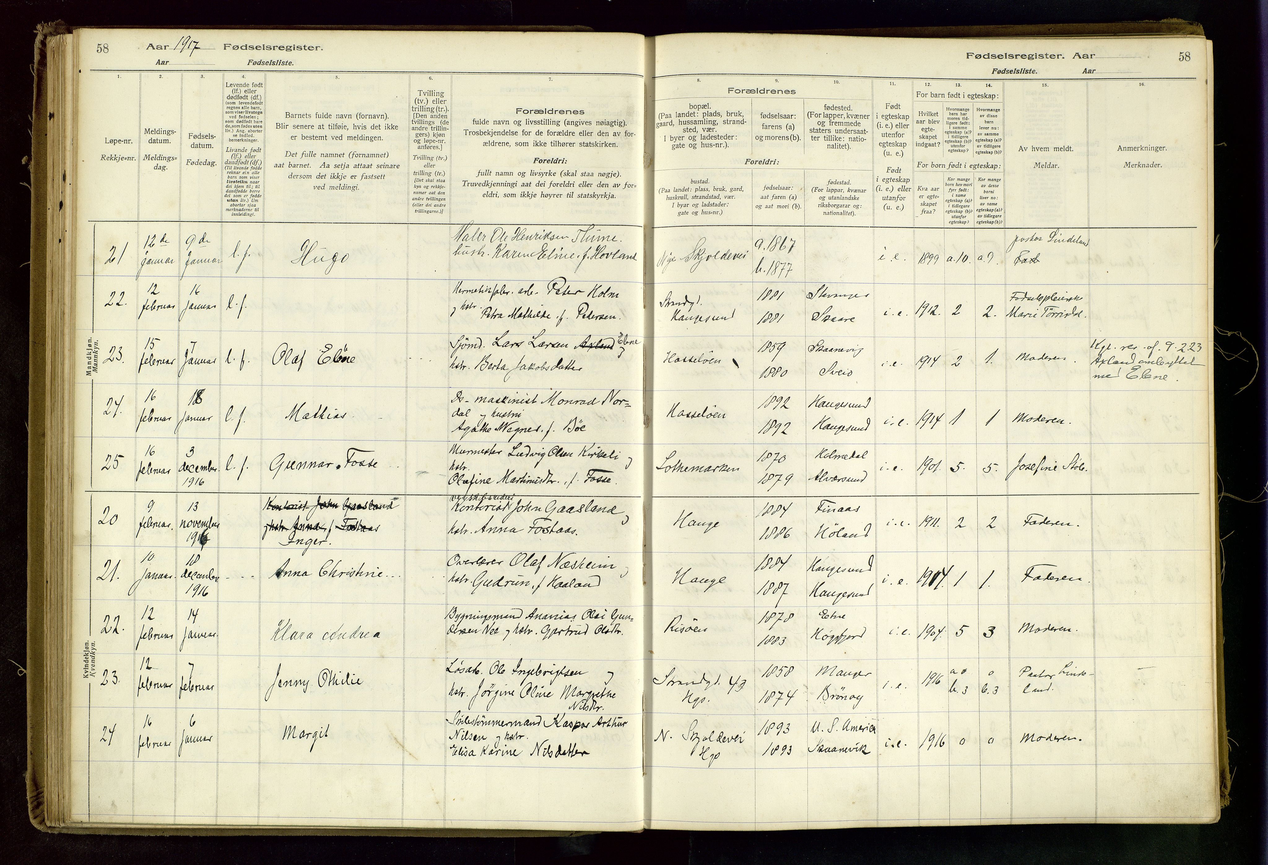 Haugesund sokneprestkontor, AV/SAST-A -101863/I/Id/L0003: Birth register no. 1, 1916-1919, p. 58