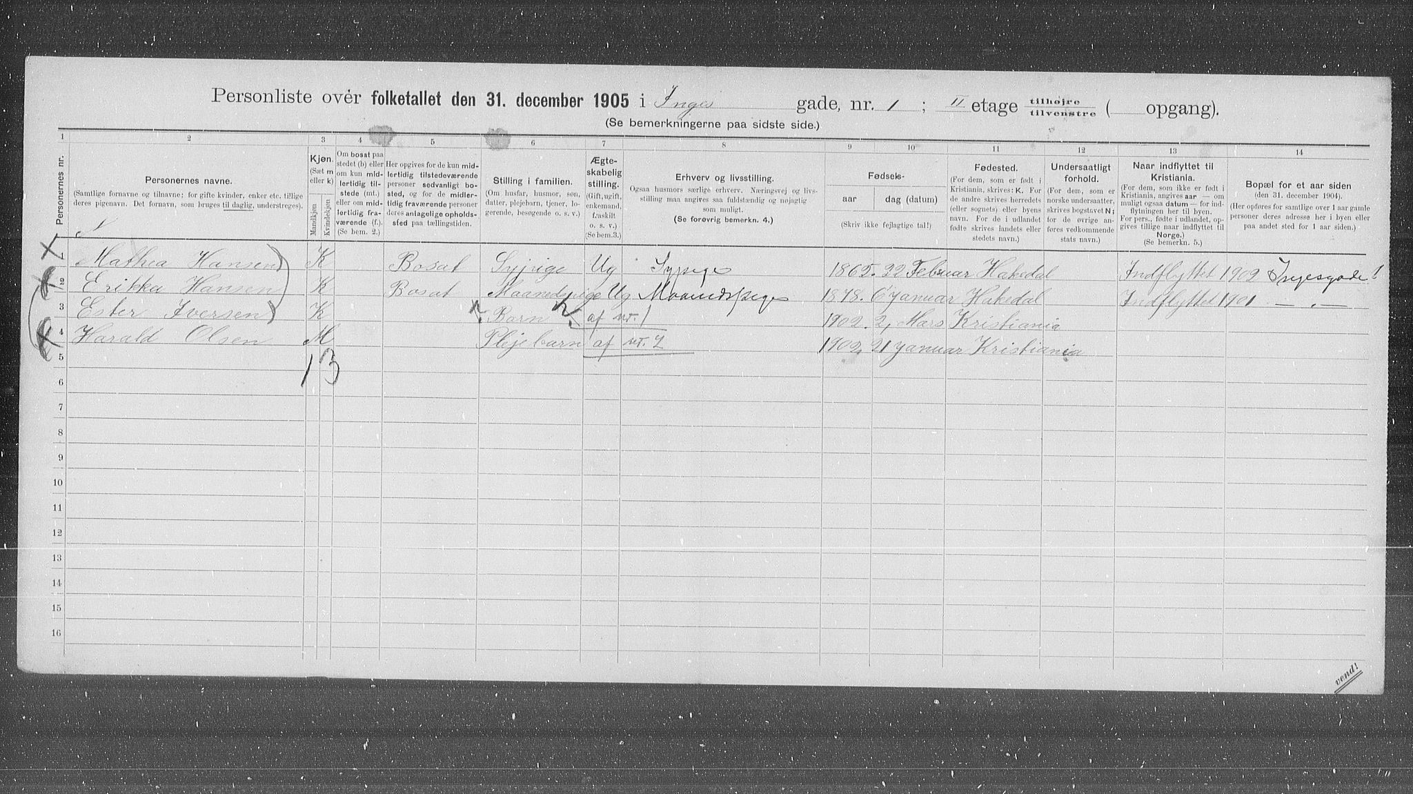 OBA, Municipal Census 1905 for Kristiania, 1905, p. 23131