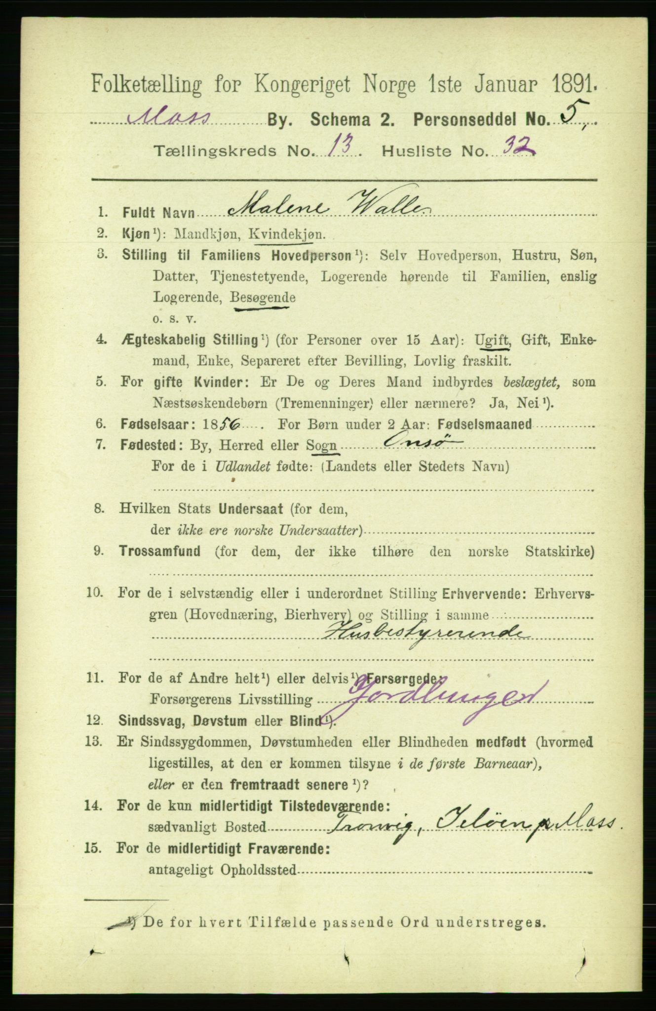 RA, 1891 census for 0104 Moss, 1891, p. 7015