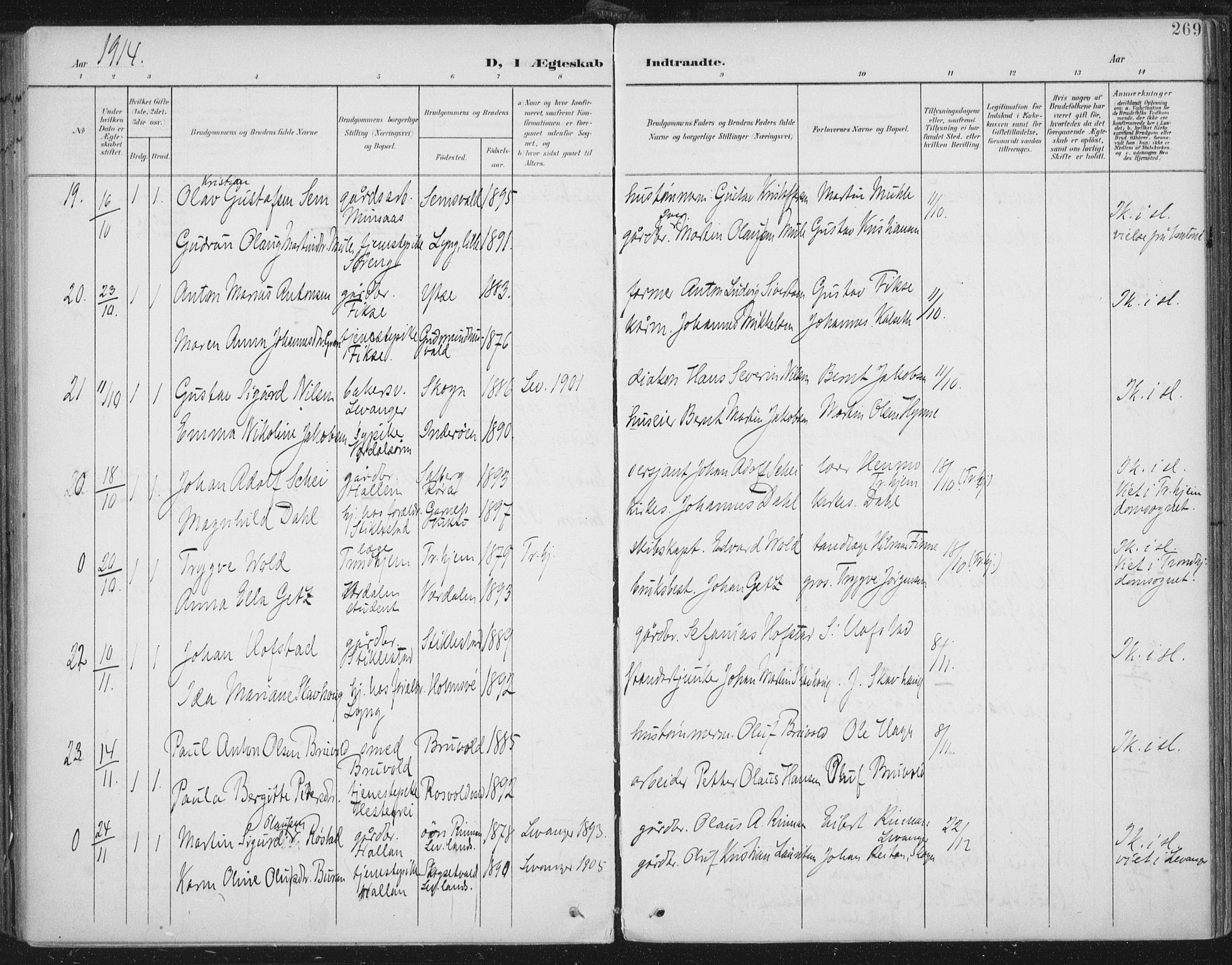 Ministerialprotokoller, klokkerbøker og fødselsregistre - Nord-Trøndelag, AV/SAT-A-1458/723/L0246: Parish register (official) no. 723A15, 1900-1917, p. 269