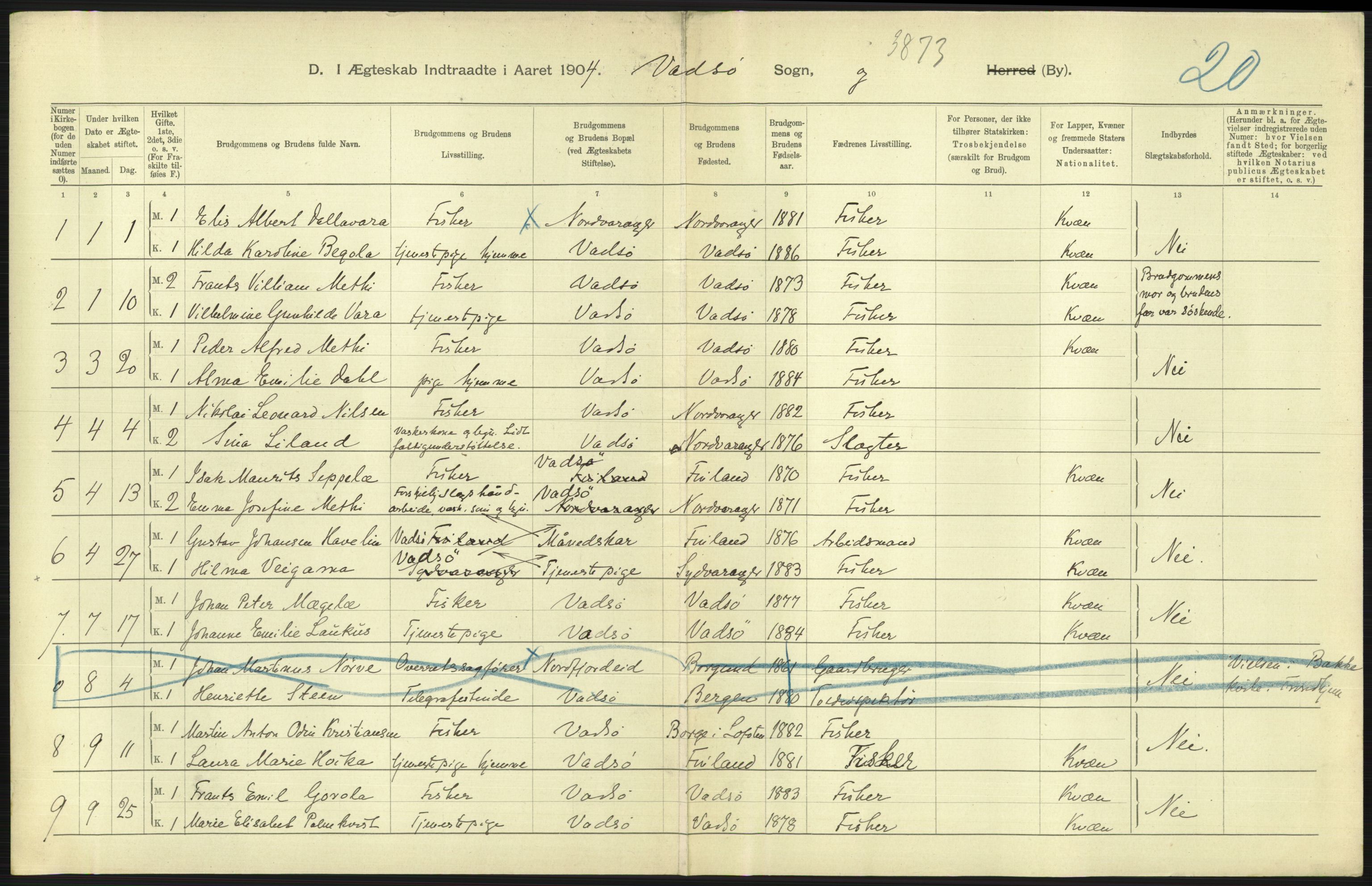 Statistisk sentralbyrå, Sosiodemografiske emner, Befolkning, AV/RA-S-2228/D/Df/Dfa/Dfab/L0023: Finnmarkens amt: Fødte, gifte, døde, 1904, p. 213