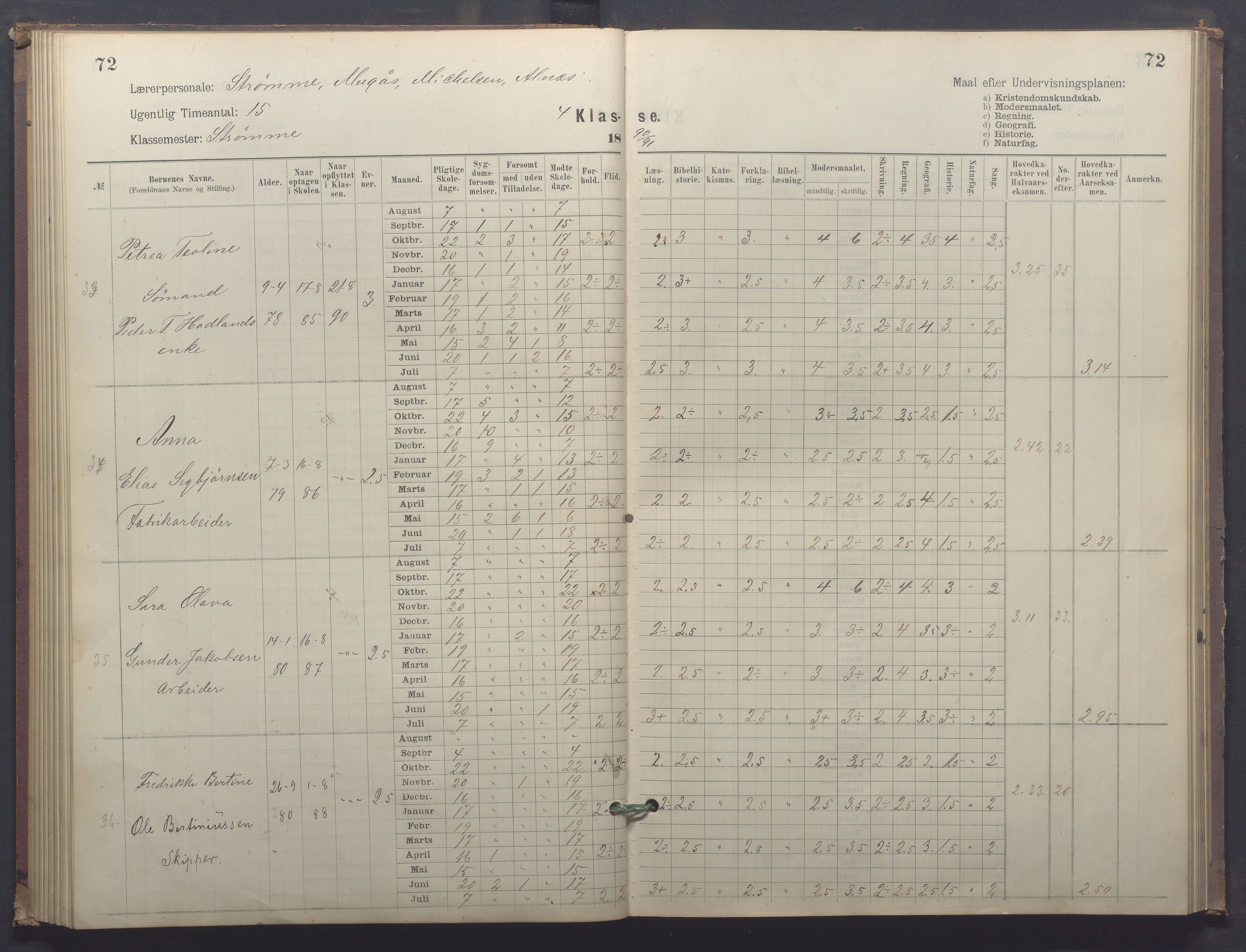 Egersund kommune (Ladested) - Egersund almueskole/folkeskole, IKAR/K-100521/H/L0025: Skoleprotokoll - Almueskolen, 4. klasse, 1887-1892, p. 72