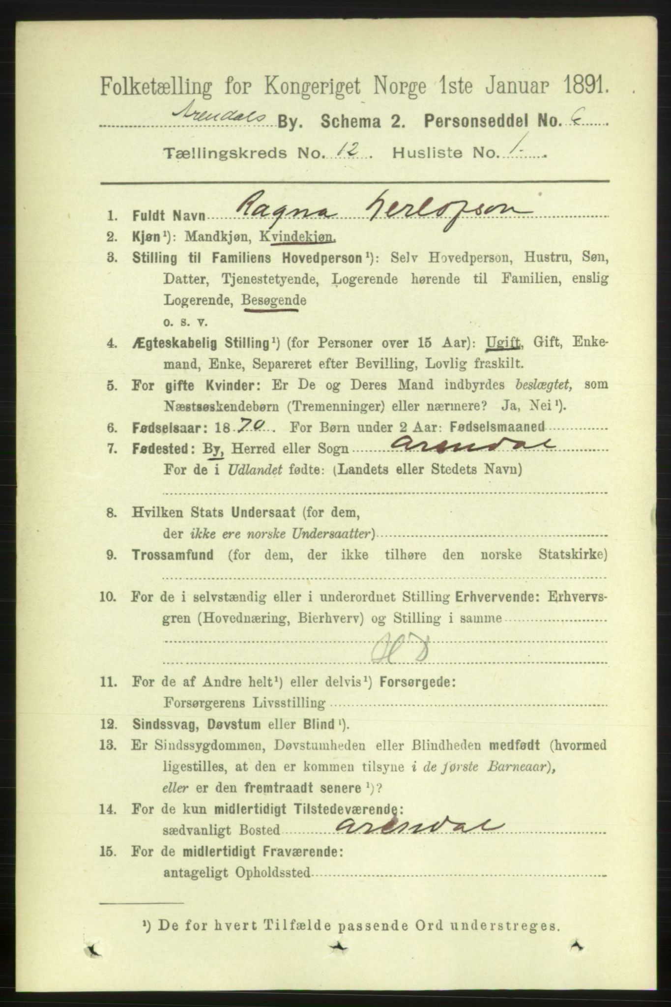 RA, 1891 census for 0903 Arendal, 1891, p. 4190