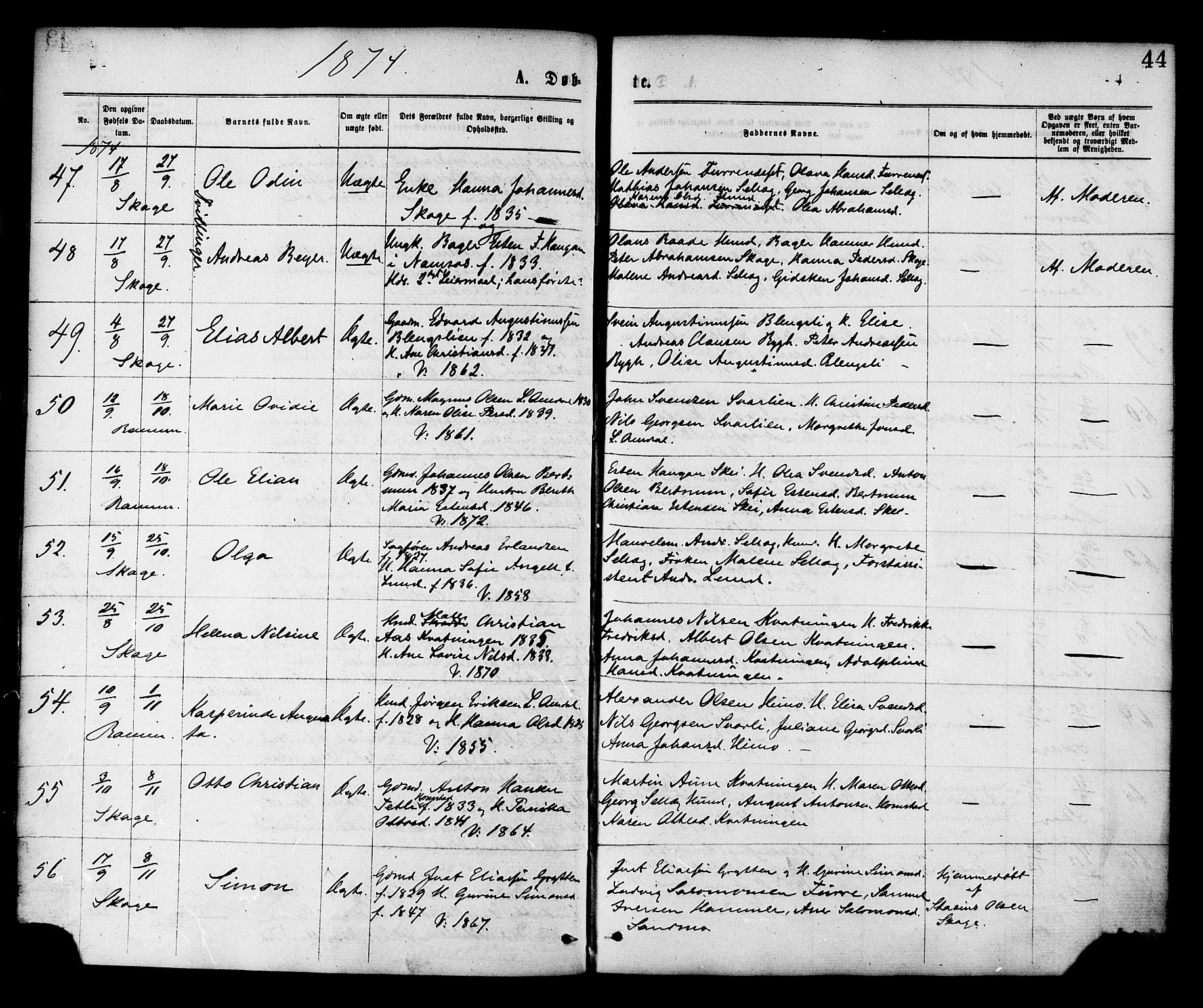 Ministerialprotokoller, klokkerbøker og fødselsregistre - Nord-Trøndelag, SAT/A-1458/764/L0554: Parish register (official) no. 764A09, 1867-1880, p. 44