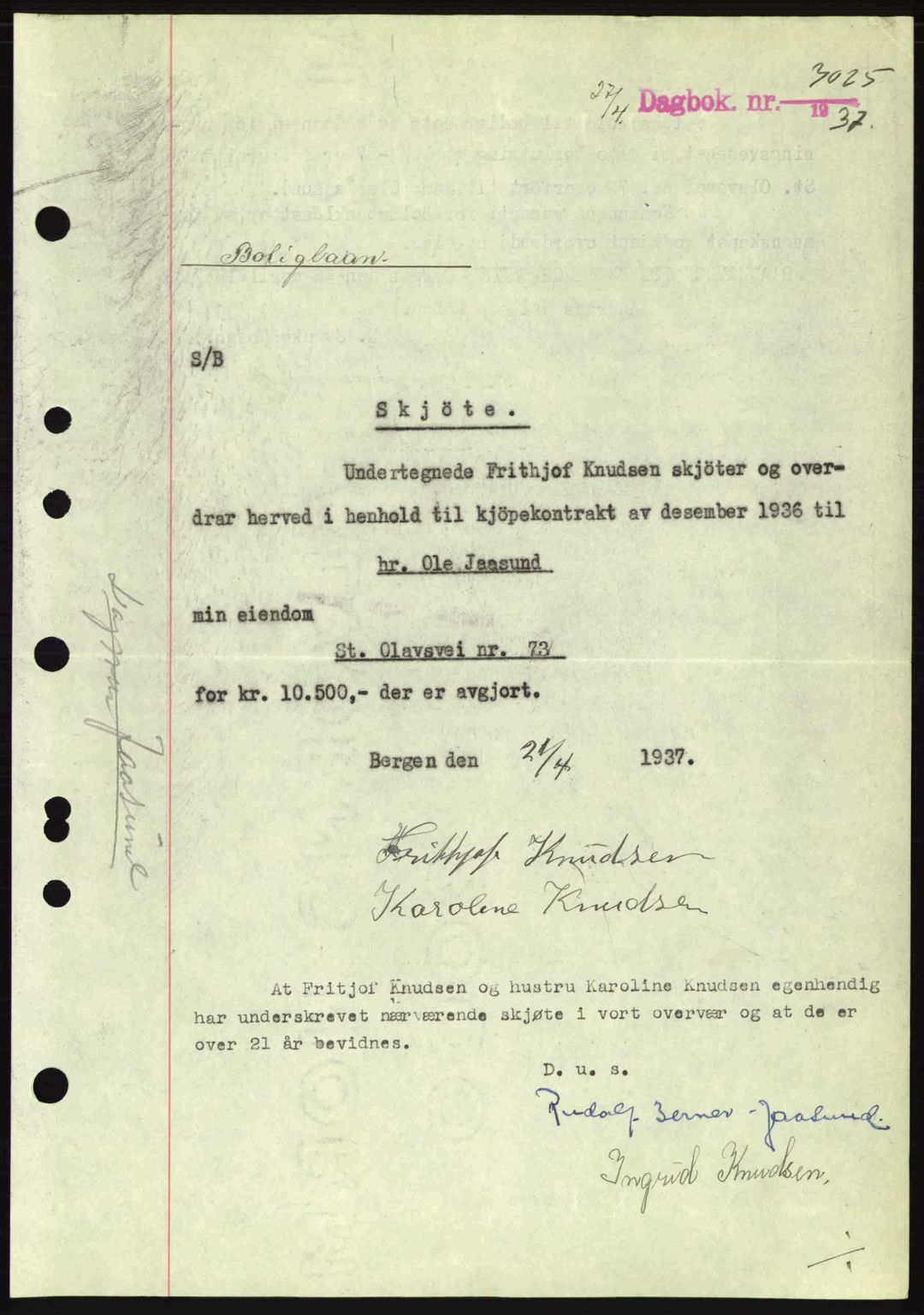 Byfogd og Byskriver i Bergen, SAB/A-3401/03/03Bc/L0004: Mortgage book no. A3-4, 1936-1937, Diary no: : 3025/1937
