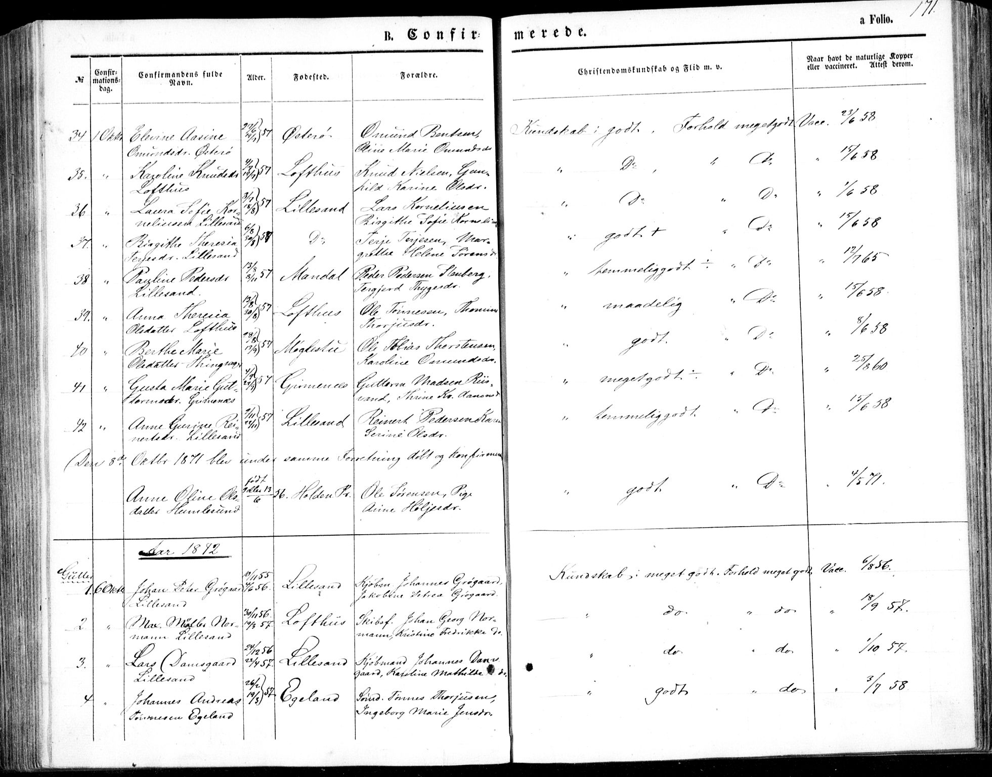 Vestre Moland sokneprestkontor, SAK/1111-0046/F/Fb/Fbb/L0004: Parish register (copy) no. B 4, 1861-1872, p. 171