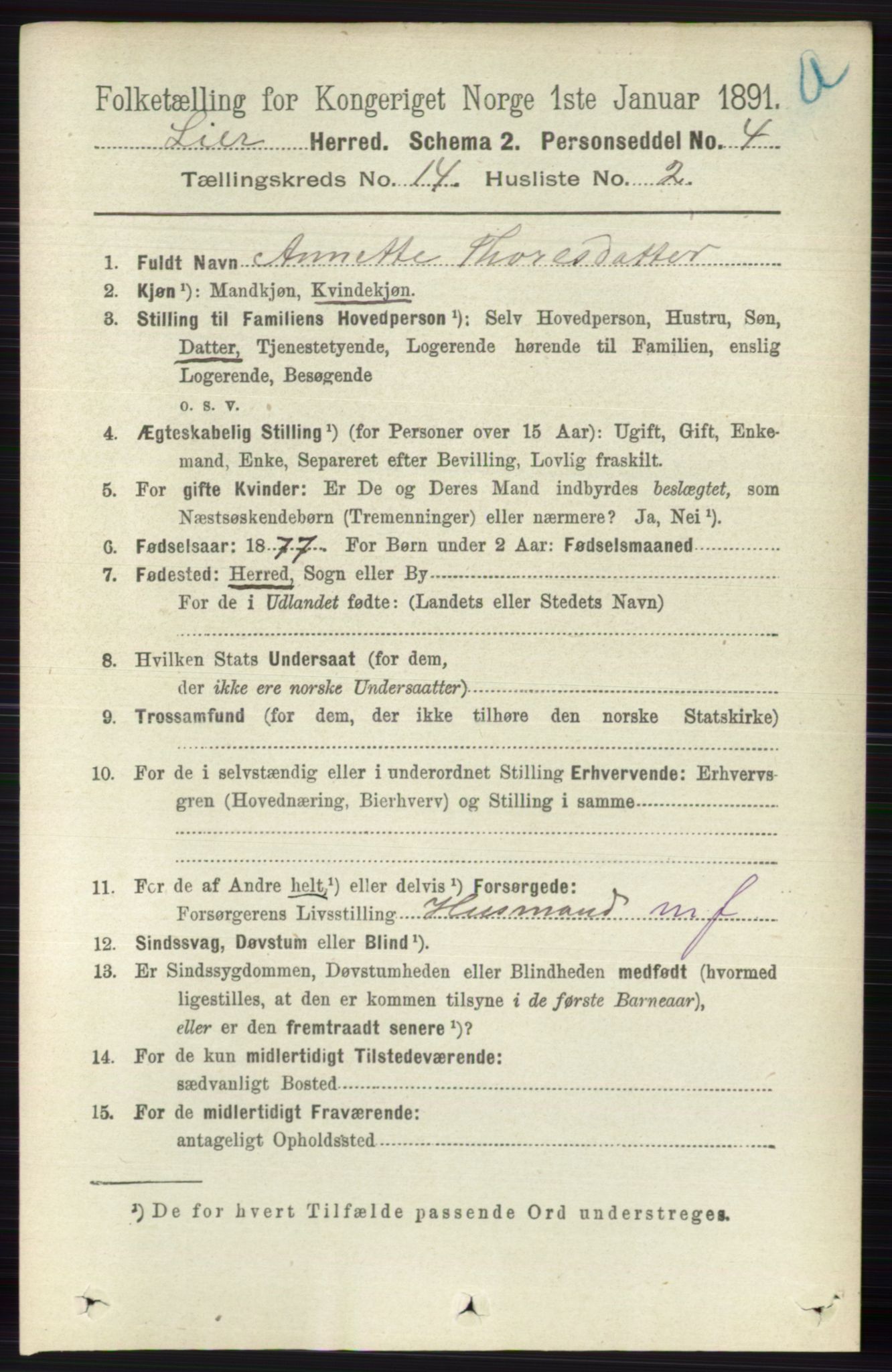 RA, 1891 census for 0626 Lier, 1891, p. 8281