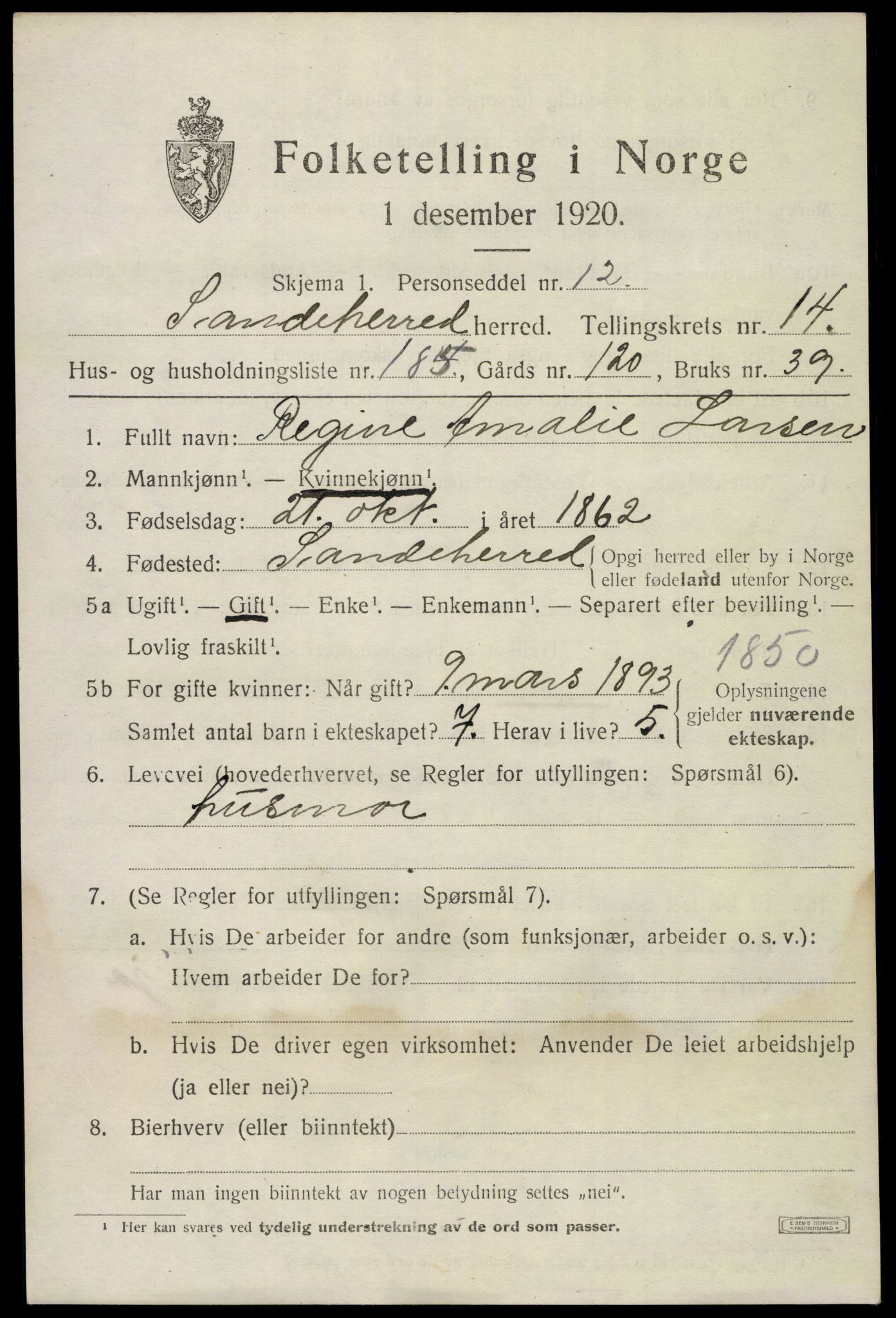 SAKO, 1920 census for Sandeherred, 1920, p. 22952