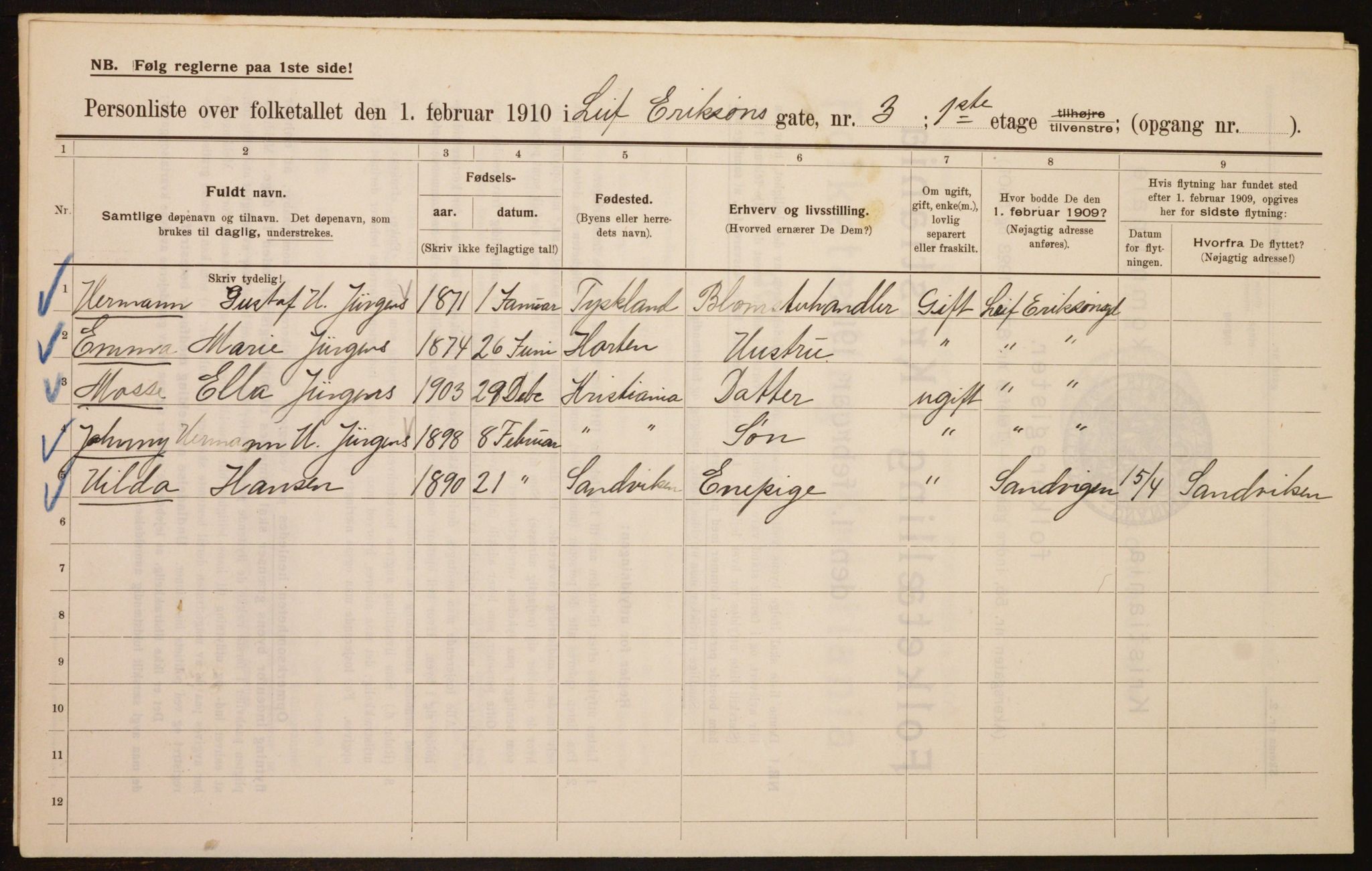 OBA, Municipal Census 1910 for Kristiania, 1910, p. 55484