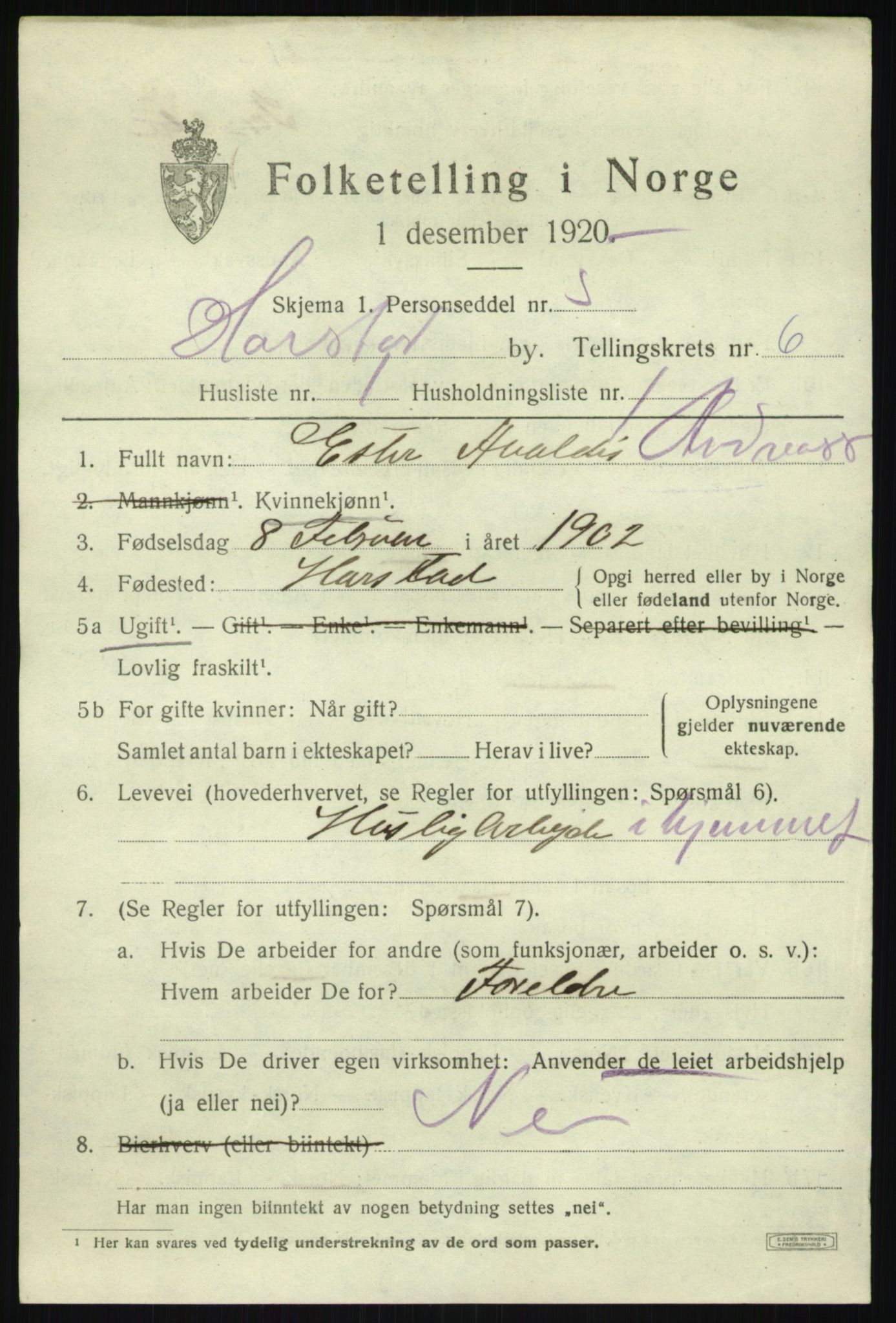 SATØ, 1920 census for Harstad, 1920, p. 7436