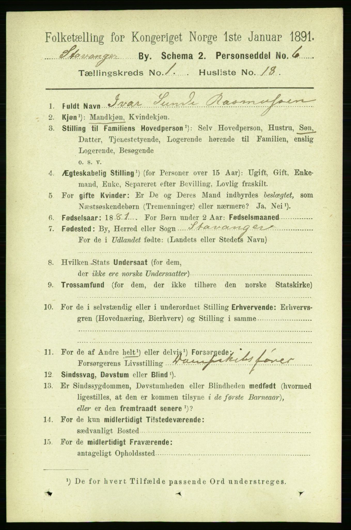 RA, 1891 census for 1103 Stavanger, 1891, p. 5283
