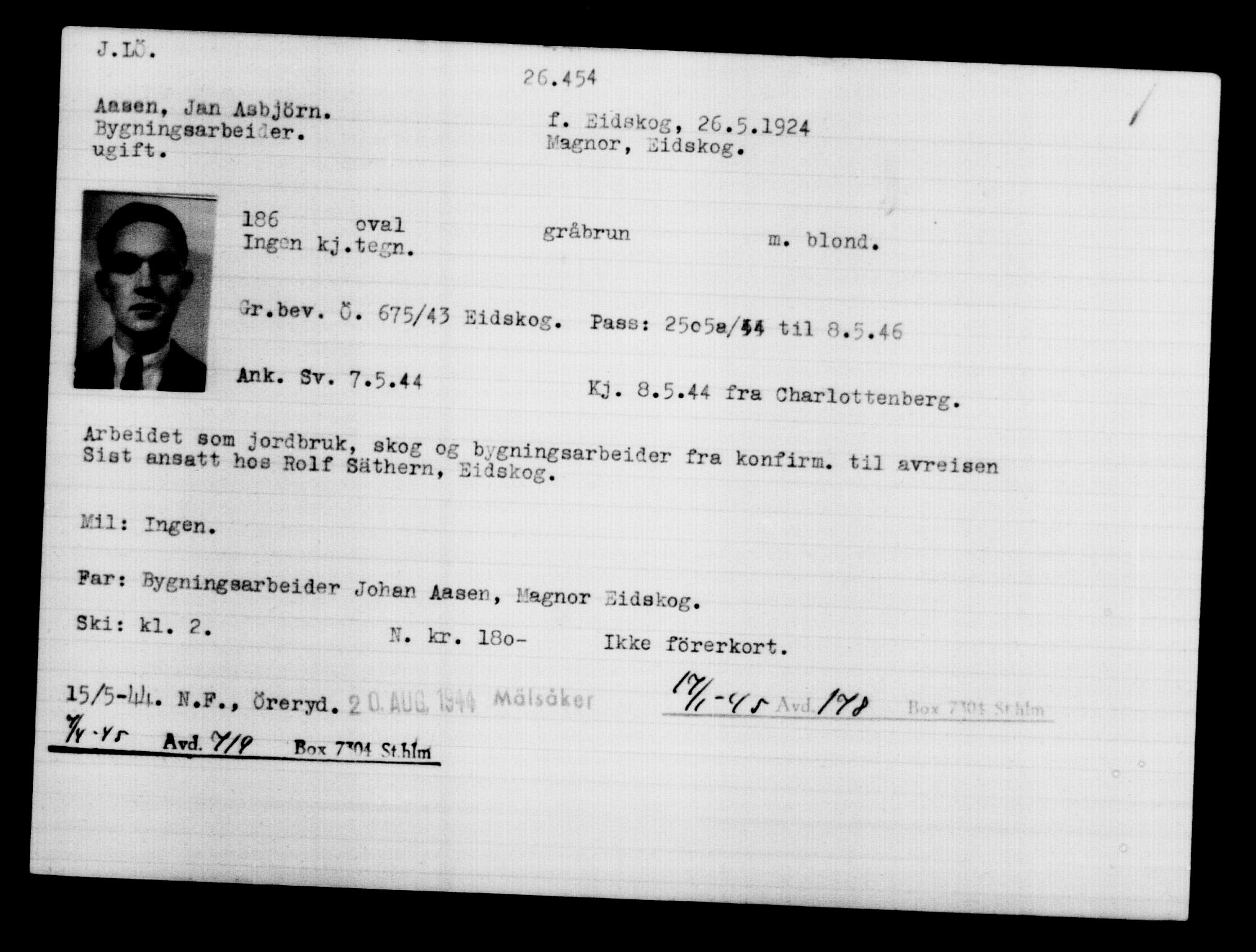Utenriksstasjonene, Legasjonen i Stockholm, Flyktningkontoret, AV/RA-S-6753/V/Va/L0011: Kjesäterkartoteket, flyktninger med registreringsnr. 25300-28349, 1940-1945, p. 1215