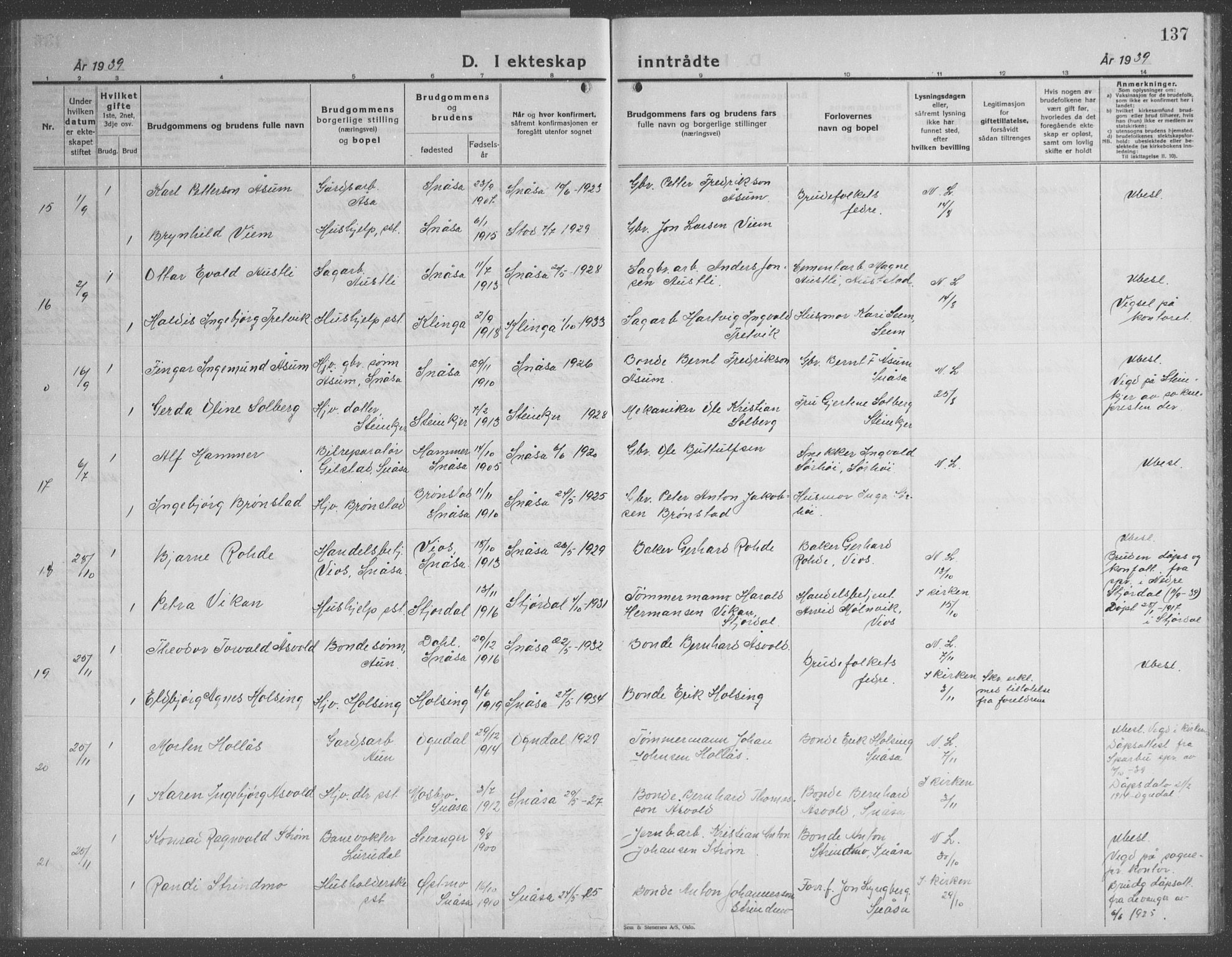 Ministerialprotokoller, klokkerbøker og fødselsregistre - Nord-Trøndelag, SAT/A-1458/749/L0481: Parish register (copy) no. 749C03, 1933-1945, p. 137