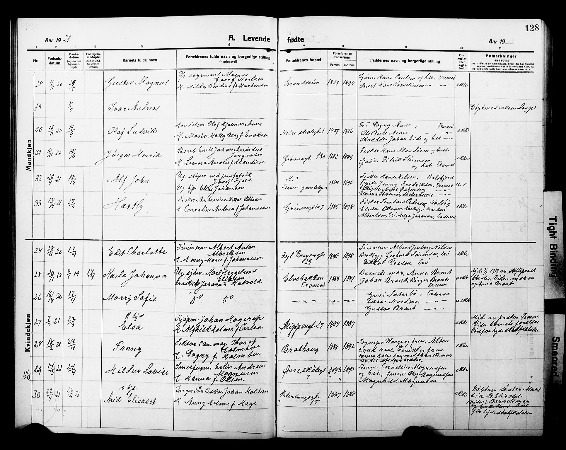 Tromsø sokneprestkontor/stiftsprosti/domprosti, AV/SATØ-S-1343/G/Gb/L0009klokker: Parish register (copy) no. 9, 1915-1925, p. 128