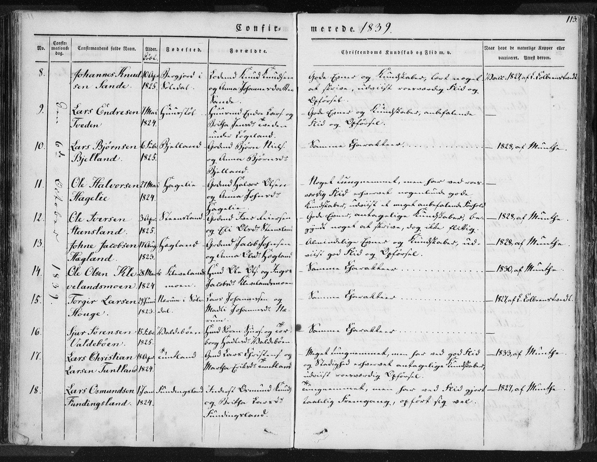 Hjelmeland sokneprestkontor, AV/SAST-A-101843/01/IV/L0006: Parish register (official) no. A 6, 1834-1845, p. 113