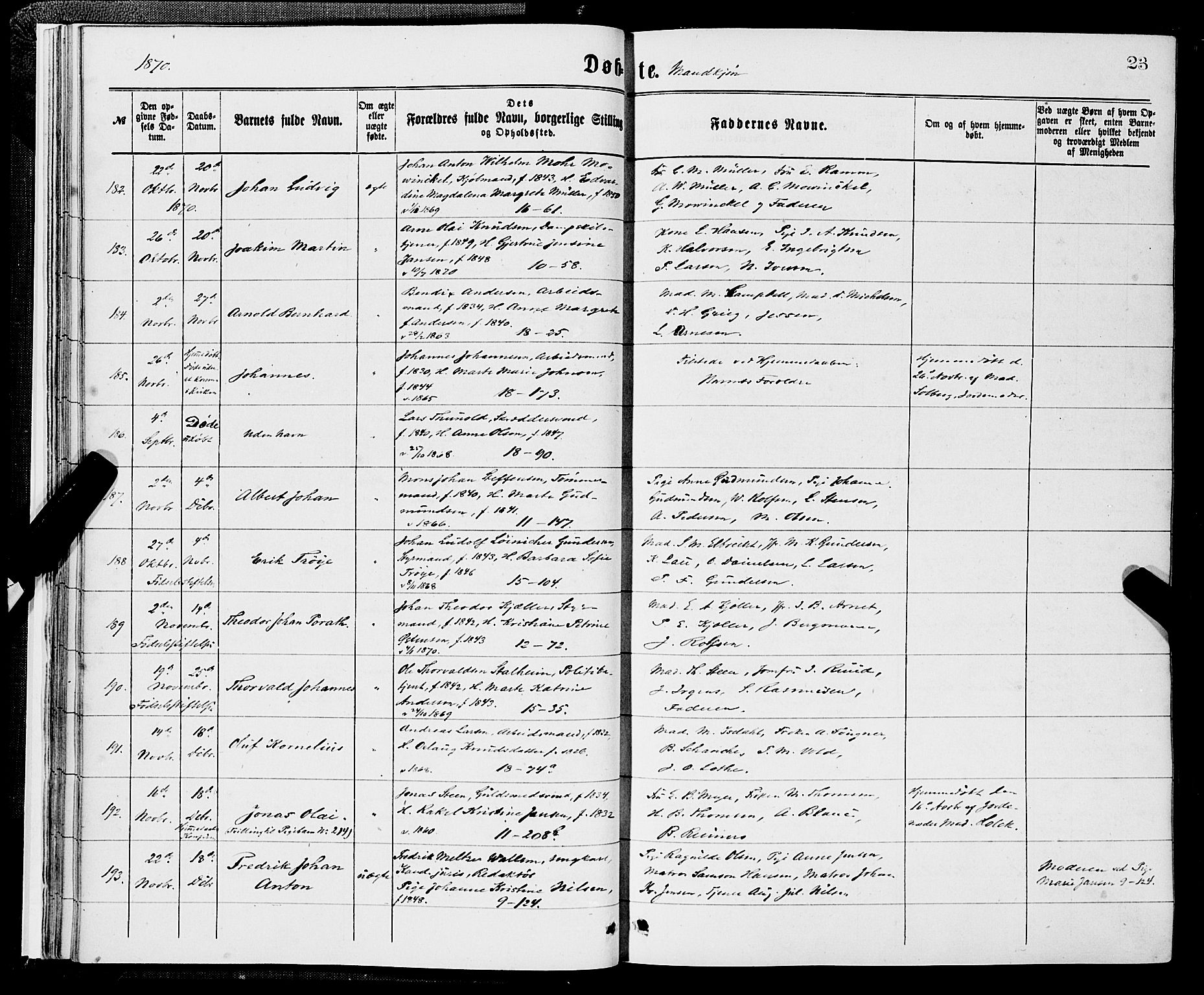 Domkirken sokneprestembete, SAB/A-74801/H/Hab/L0013: Parish register (copy) no. B 6, 1869-1876, p. 23