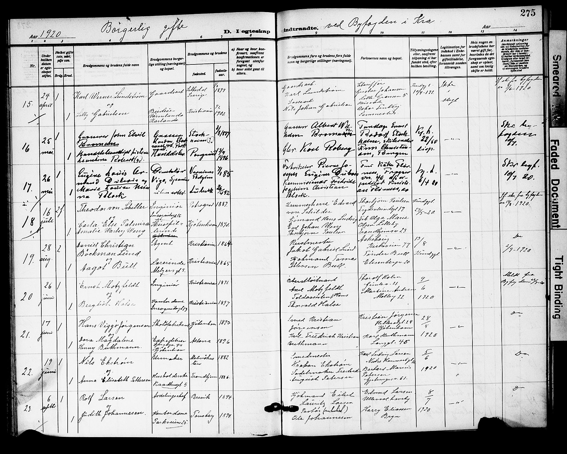 Oslo domkirke Kirkebøker, AV/SAO-A-10752/F/Fa/L0034: Parish register (official) no. 34, 1913-1921, p. 275