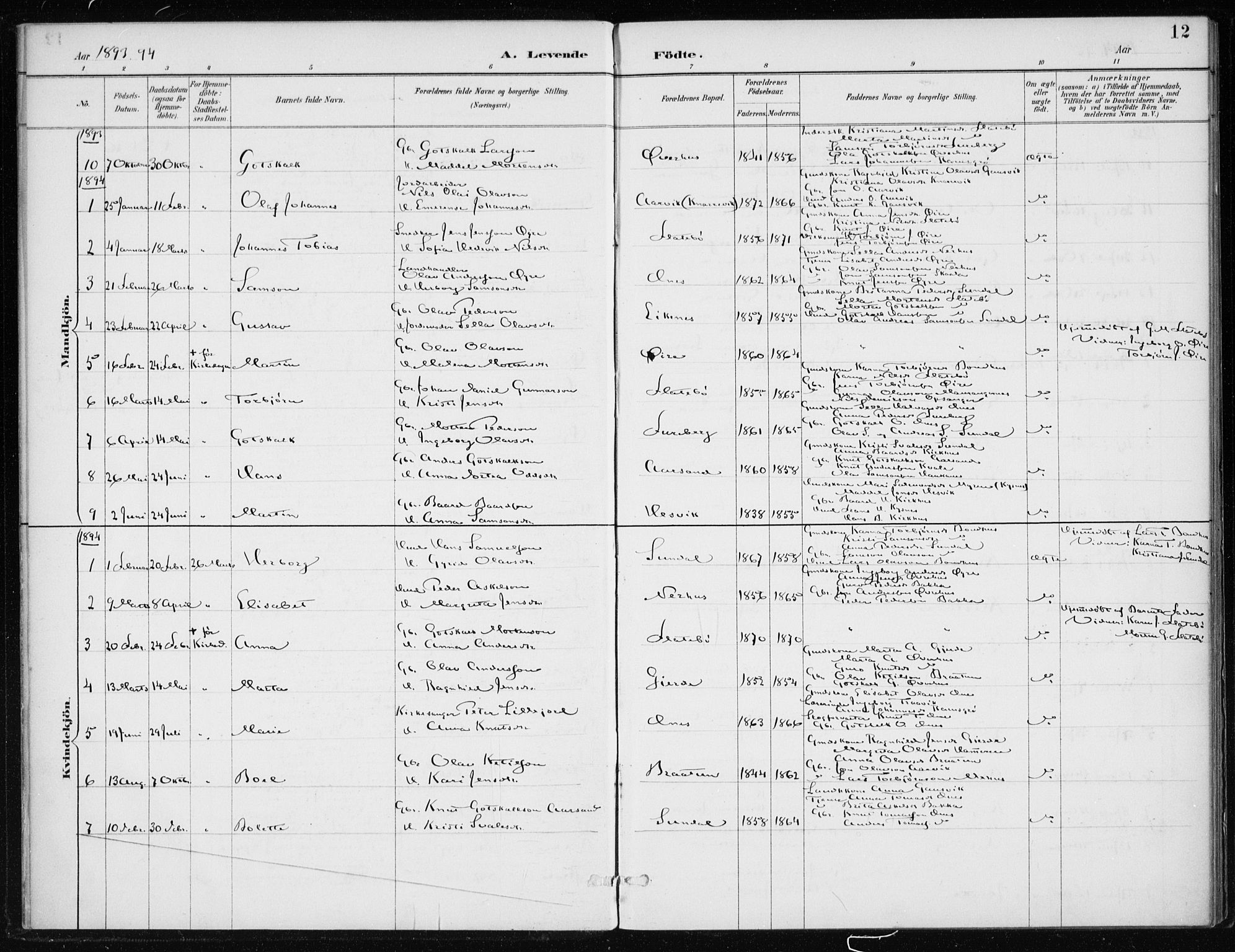 Kvinnherad sokneprestembete, SAB/A-76401/H/Haa: Parish register (official) no. F 1, 1887-1912, p. 12