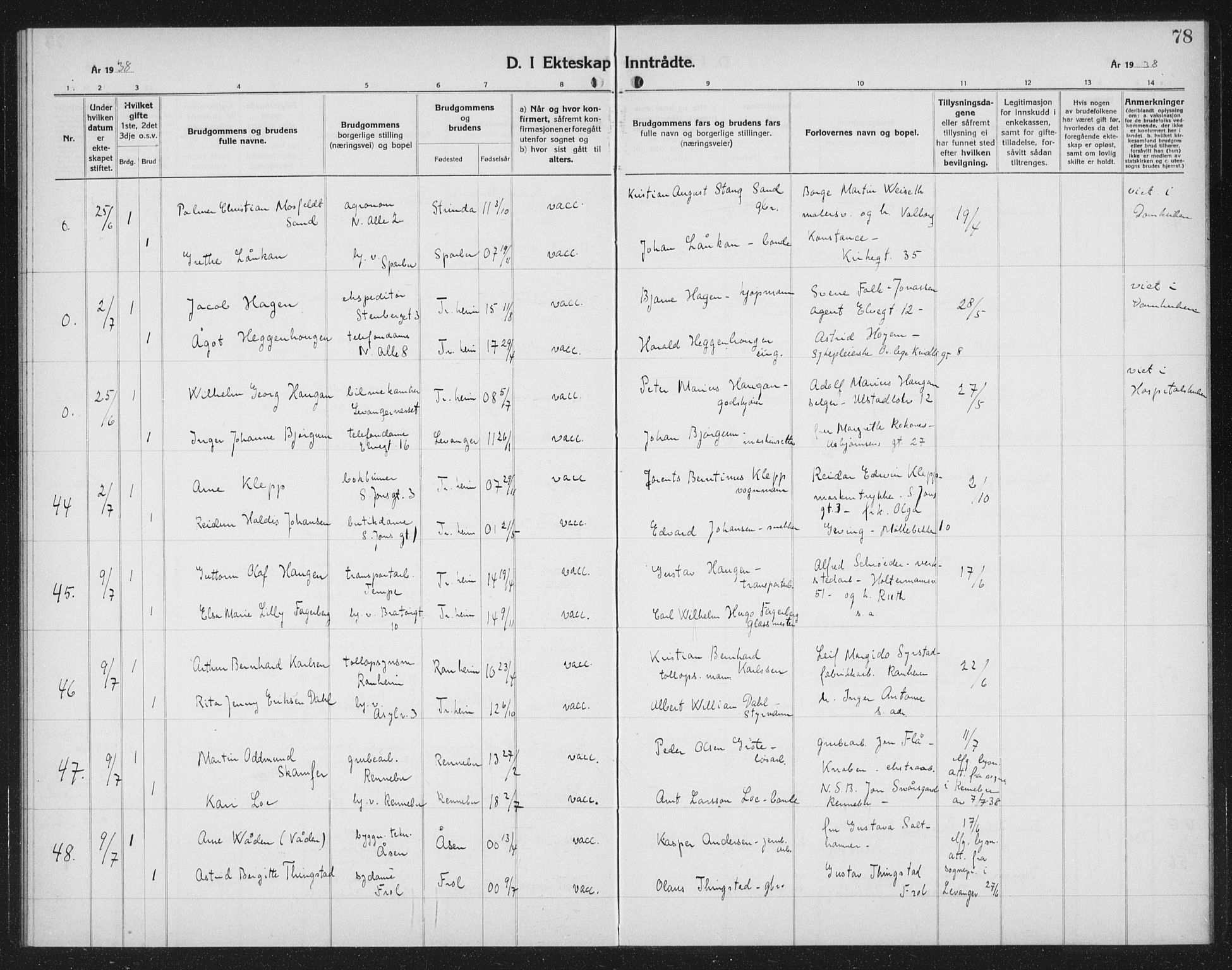 Ministerialprotokoller, klokkerbøker og fødselsregistre - Sør-Trøndelag, SAT/A-1456/602/L0152: Parish register (copy) no. 602C20, 1933-1940, p. 78