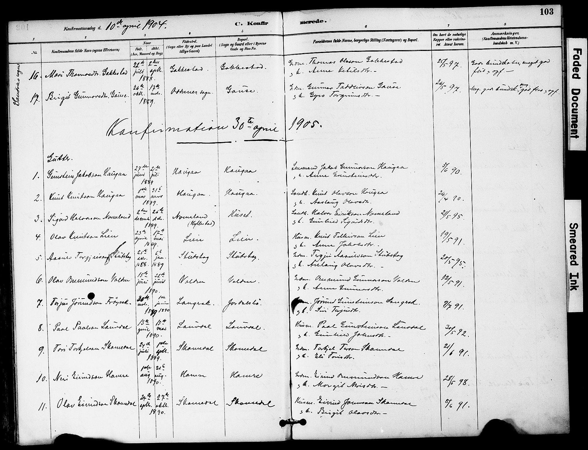 Bygland sokneprestkontor, SAK/1111-0006/F/Fa/Fab/L0007: Parish register (official) no. A 7, 1885-1909, p. 103