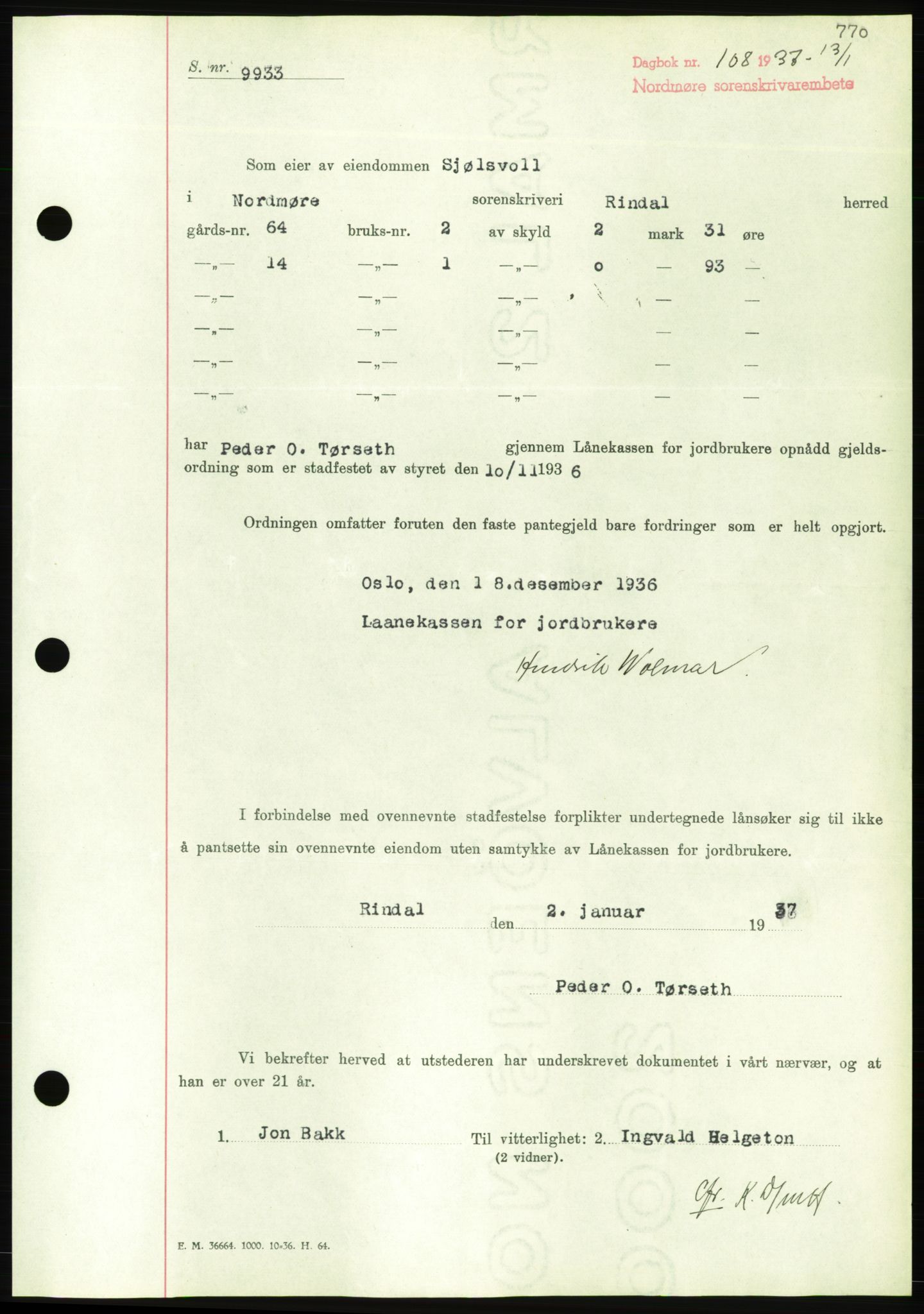 Nordmøre sorenskriveri, AV/SAT-A-4132/1/2/2Ca/L0090: Mortgage book no. B80, 1936-1937, Diary no: : 108/1937