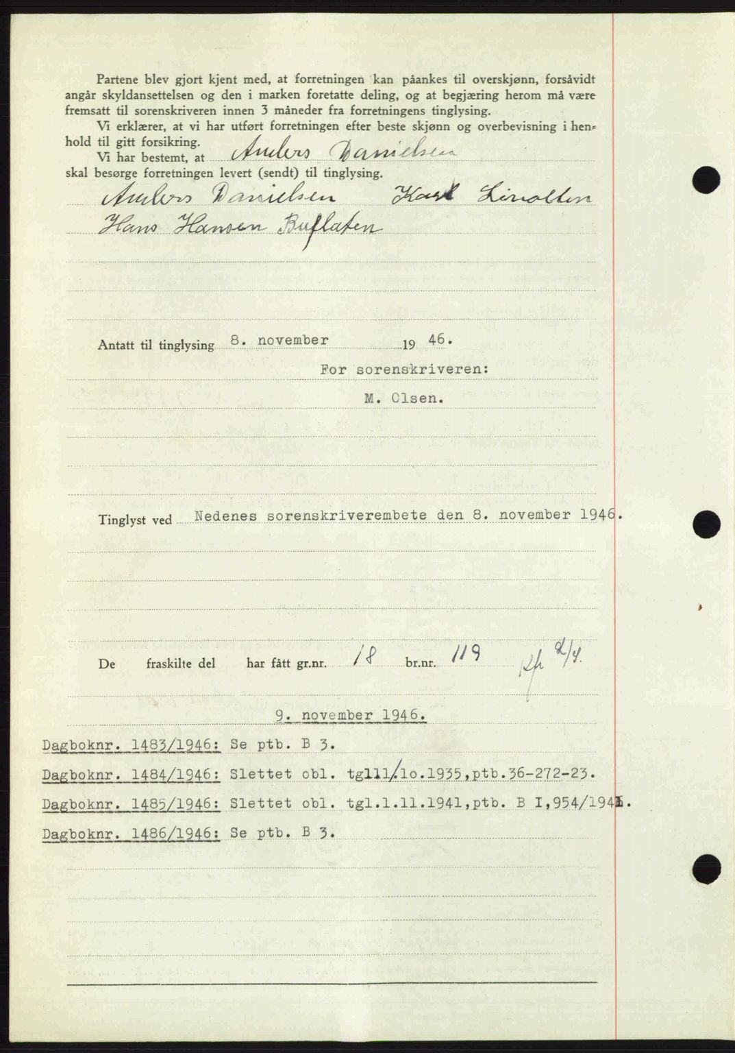 Nedenes sorenskriveri, AV/SAK-1221-0006/G/Gb/Gba/L0056: Mortgage book no. A8, 1946-1947, Diary no: : 1482/1946