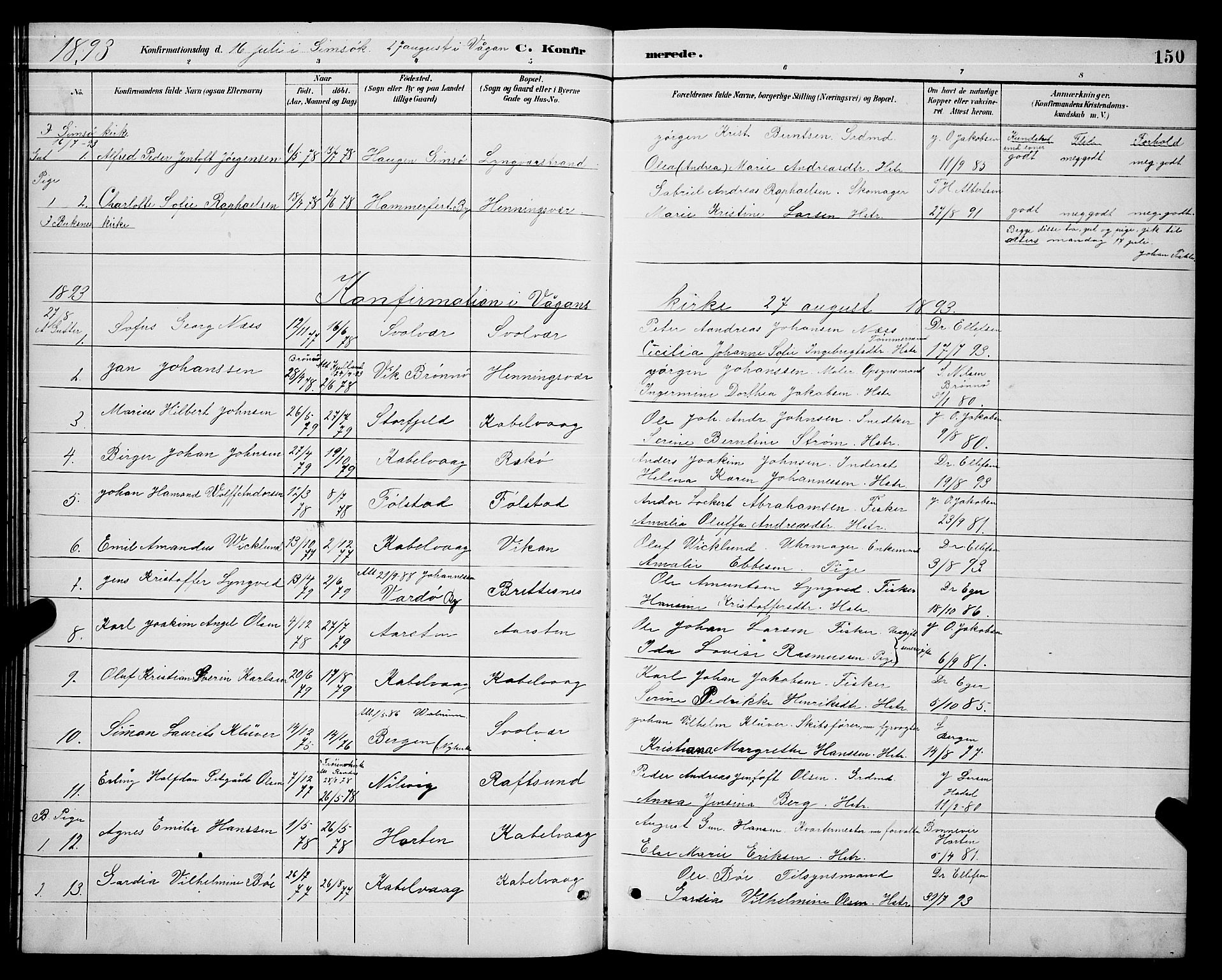 Ministerialprotokoller, klokkerbøker og fødselsregistre - Nordland, AV/SAT-A-1459/874/L1077: Parish register (copy) no. 874C06, 1891-1900, p. 150