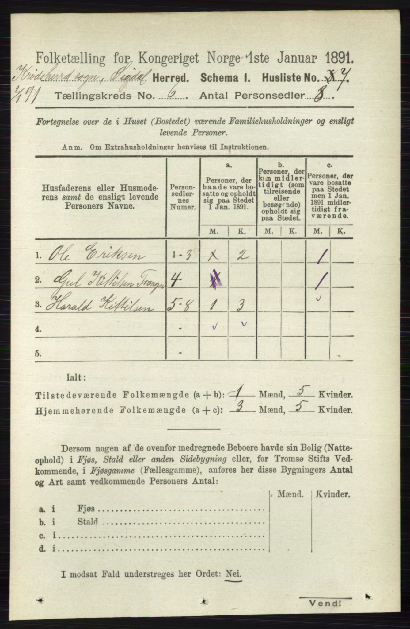 RA, 1891 census for 0621 Sigdal, 1891, p. 6586