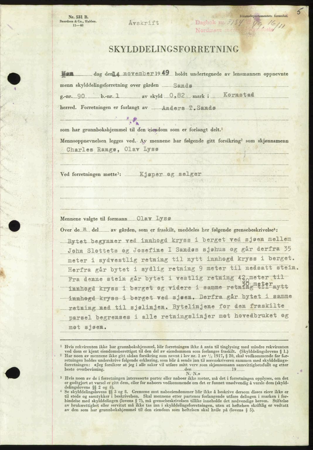 Nordmøre sorenskriveri, AV/SAT-A-4132/1/2/2Ca: Mortgage book no. A113, 1949-1950, Diary no: : 3184/1949