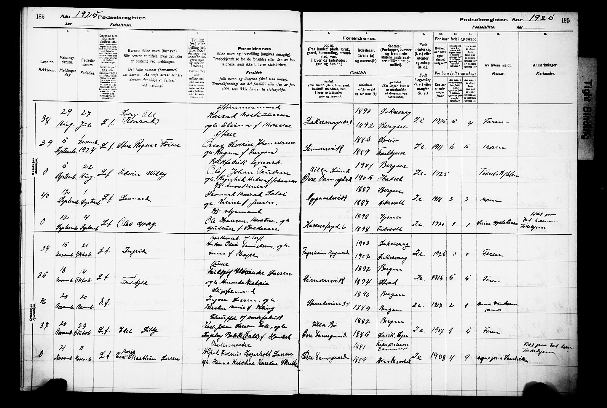 Laksevåg Sokneprestembete, AV/SAB-A-76501/I/Id/L00A1: Birth register no. A 1, 1916-1926, p. 185