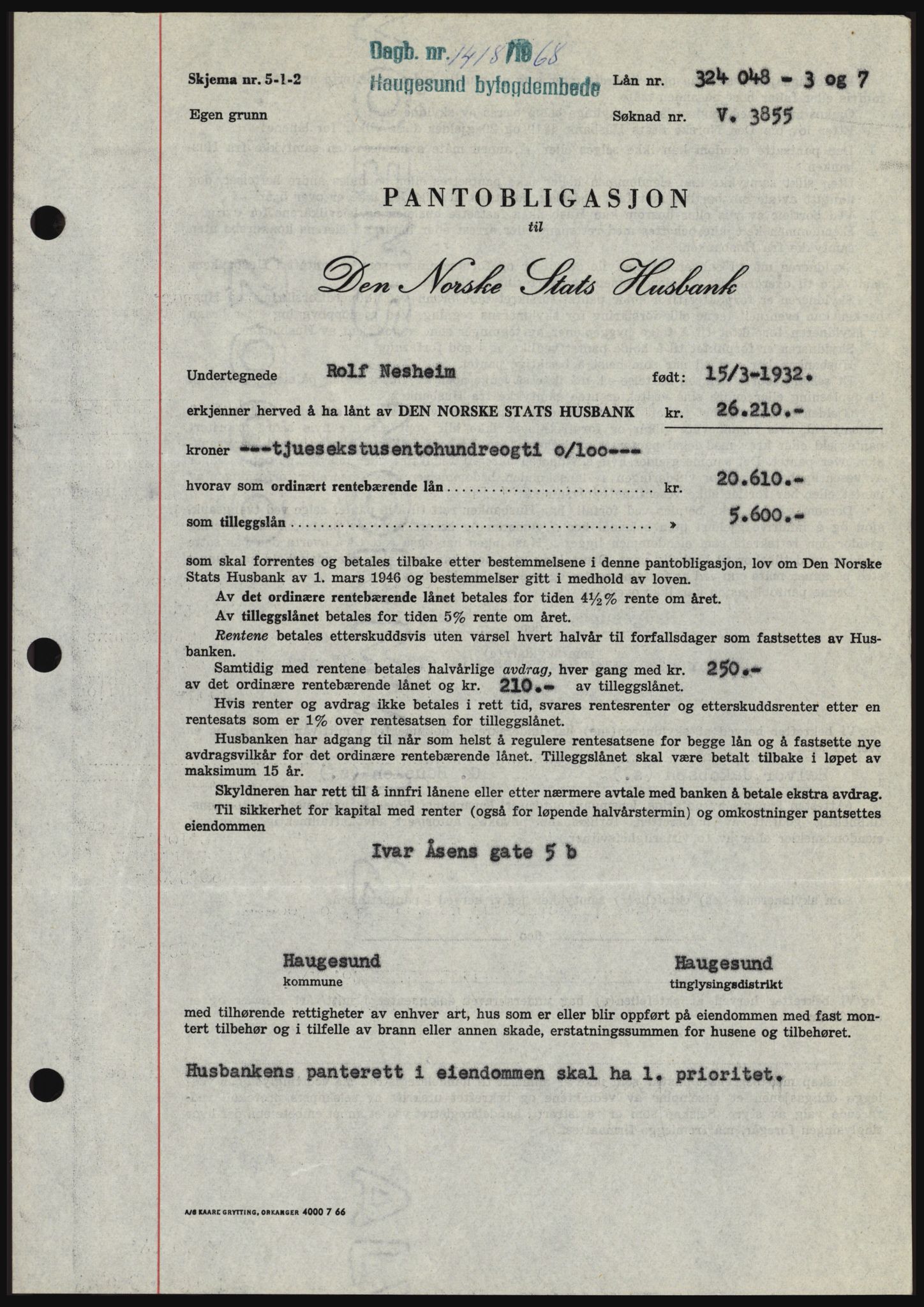 Haugesund tingrett, SAST/A-101415/01/II/IIC/L0058: Mortgage book no. B 58, 1967-1968, Diary no: : 1418/1968