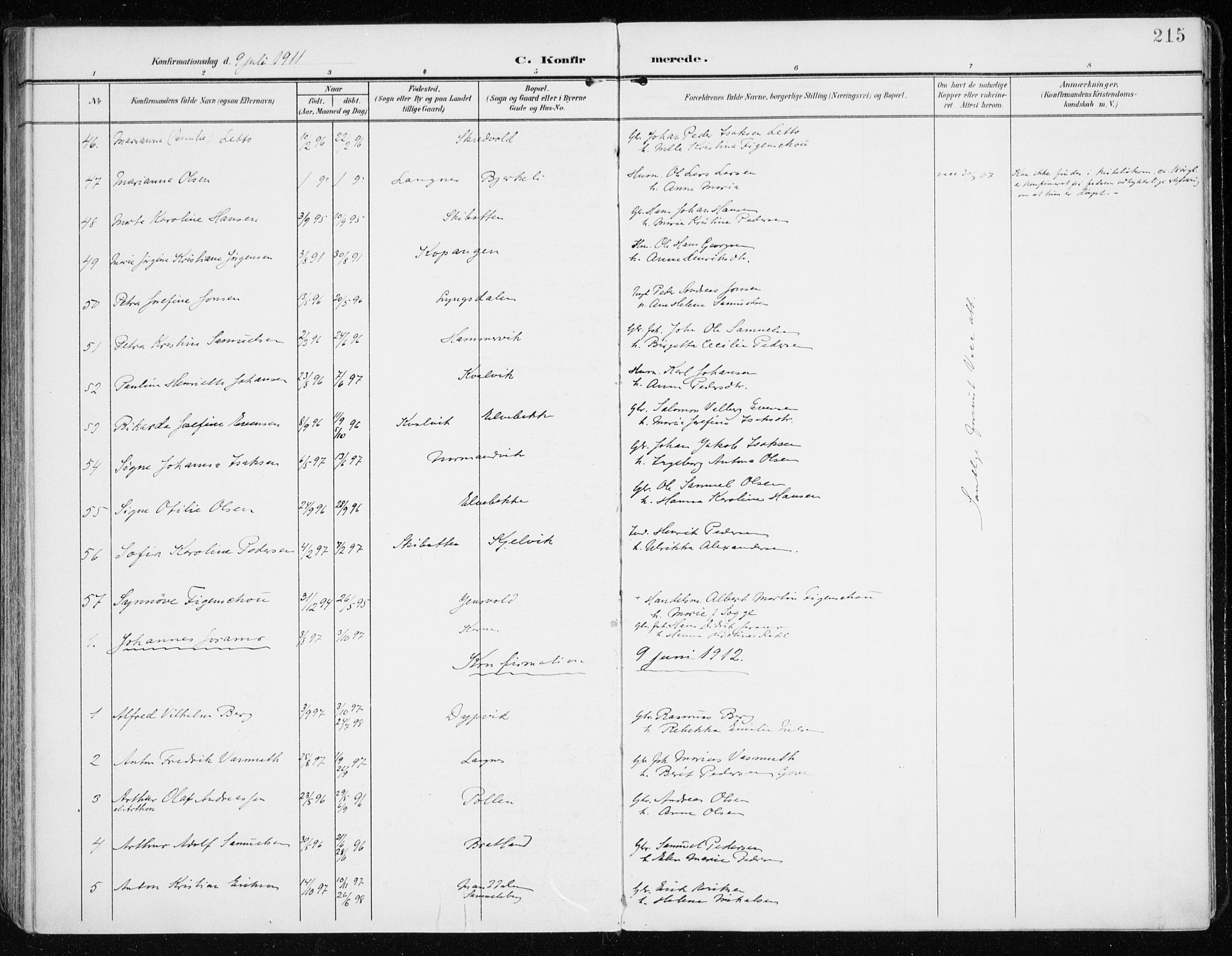Lyngen sokneprestembete, SATØ/S-1289/H/He/Hea/L0011kirke: Parish register (official) no. 11, 1903-1913, p. 215