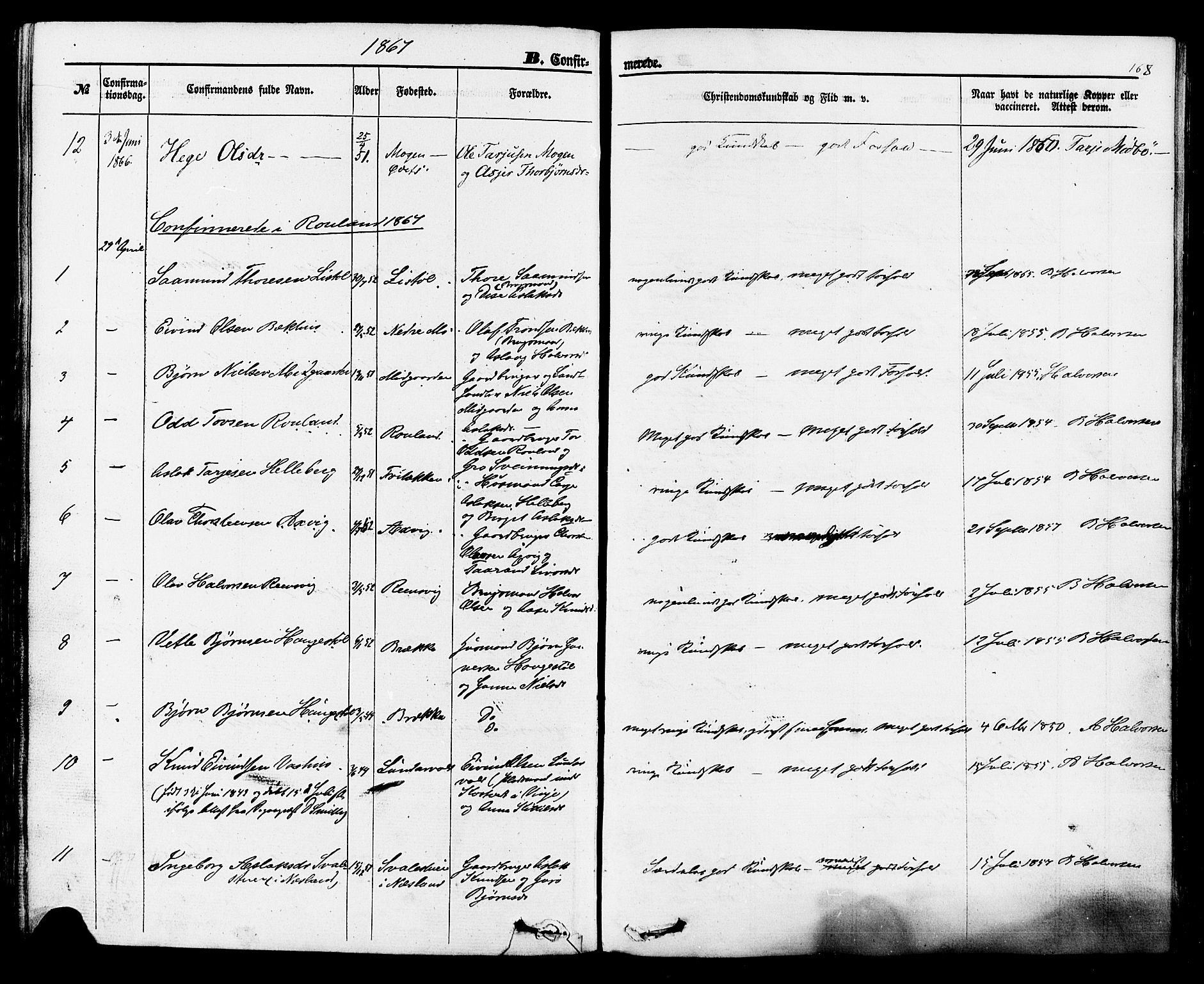 Rauland kirkebøker, SAKO/A-292/F/Fa/L0003: Parish register (official) no. 3, 1859-1886, p. 168
