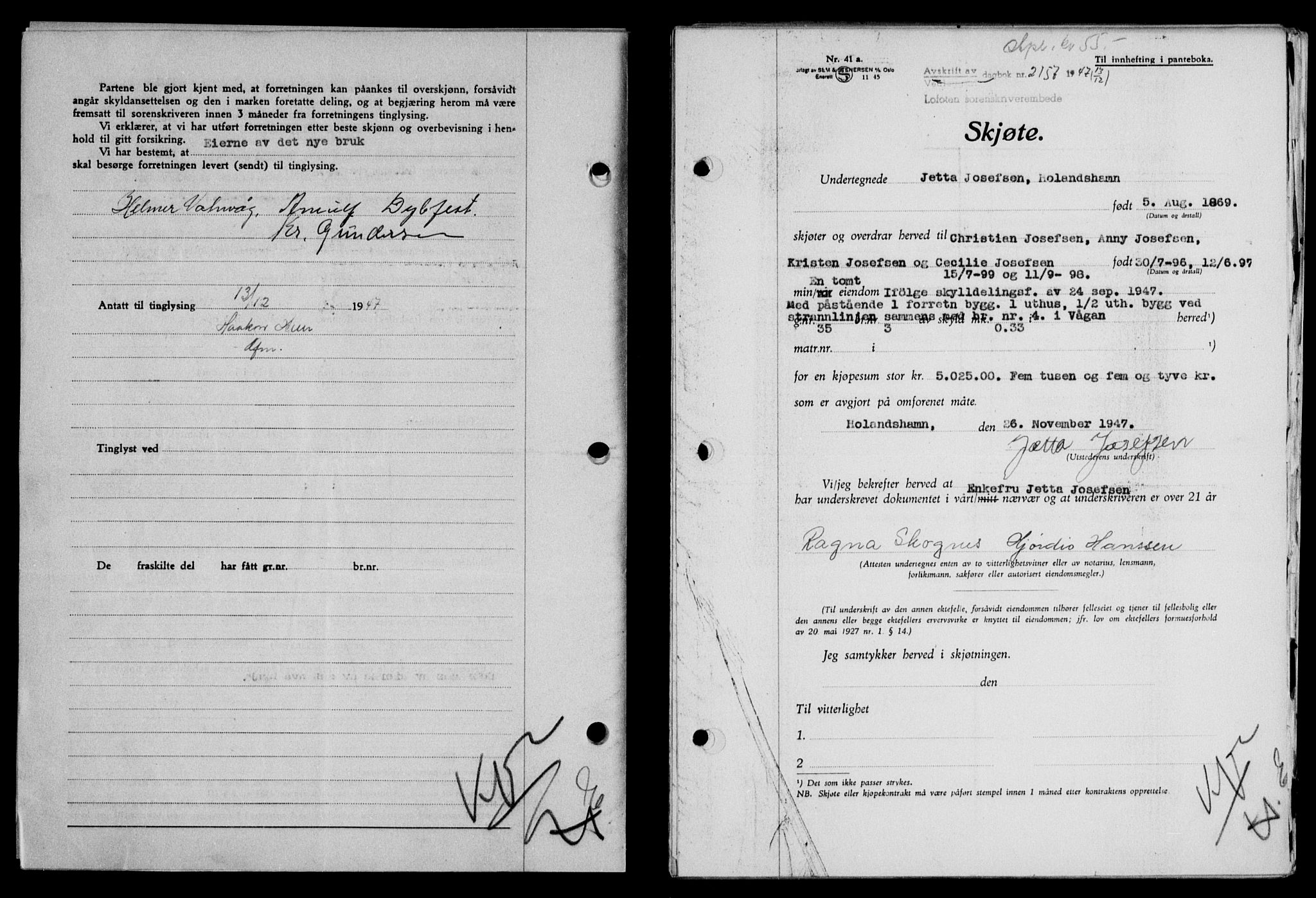 Lofoten sorenskriveri, SAT/A-0017/1/2/2C/L0017a: Mortgage book no. 17a, 1947-1948, Diary no: : 2157/1947