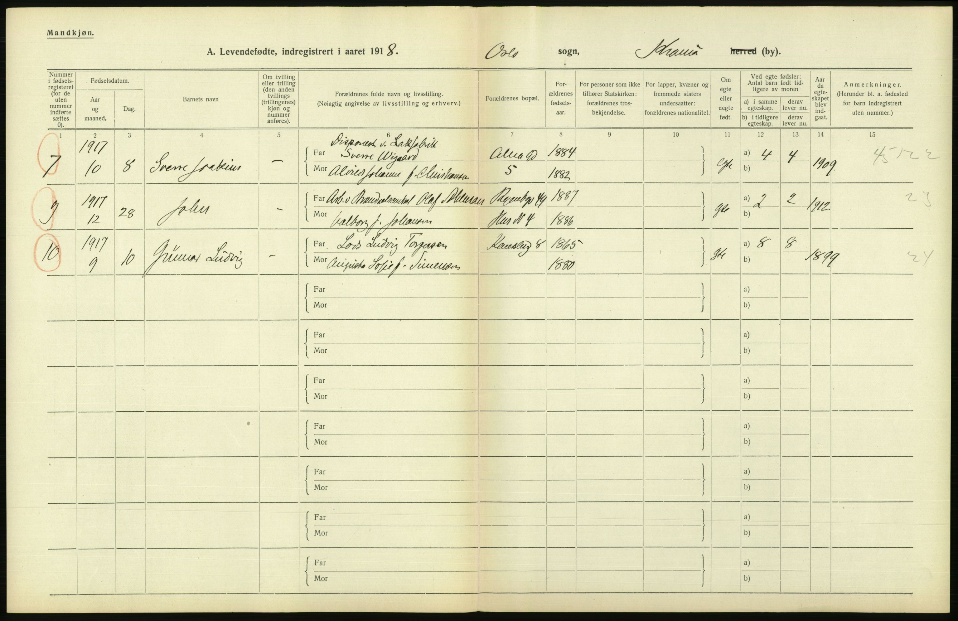 Statistisk sentralbyrå, Sosiodemografiske emner, Befolkning, RA/S-2228/D/Df/Dfb/Dfbh/L0008: Kristiania: Levendefødte menn og kvinner., 1918, p. 720