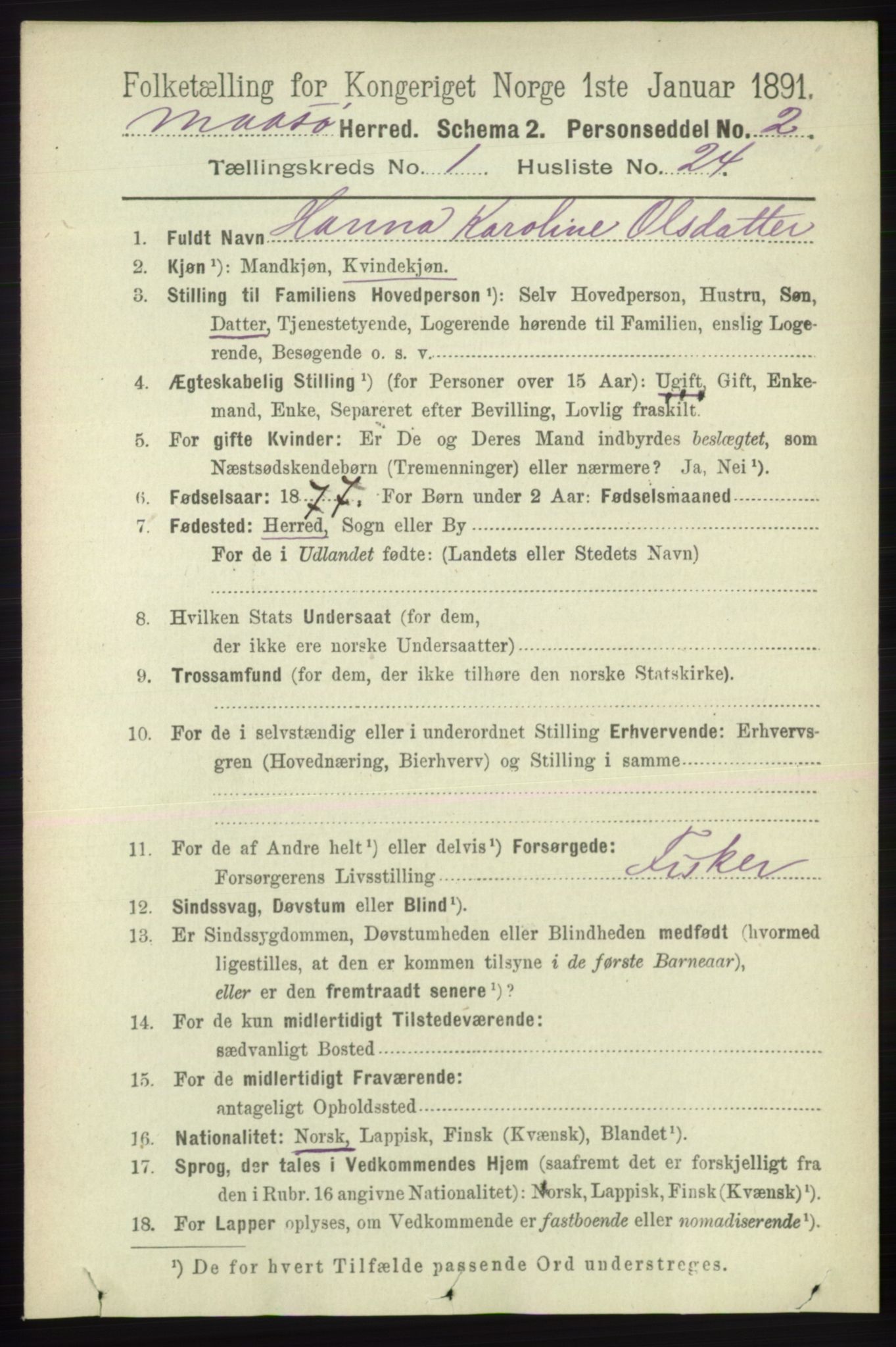 RA, 1891 census for 2018 Måsøy, 1891, p. 184