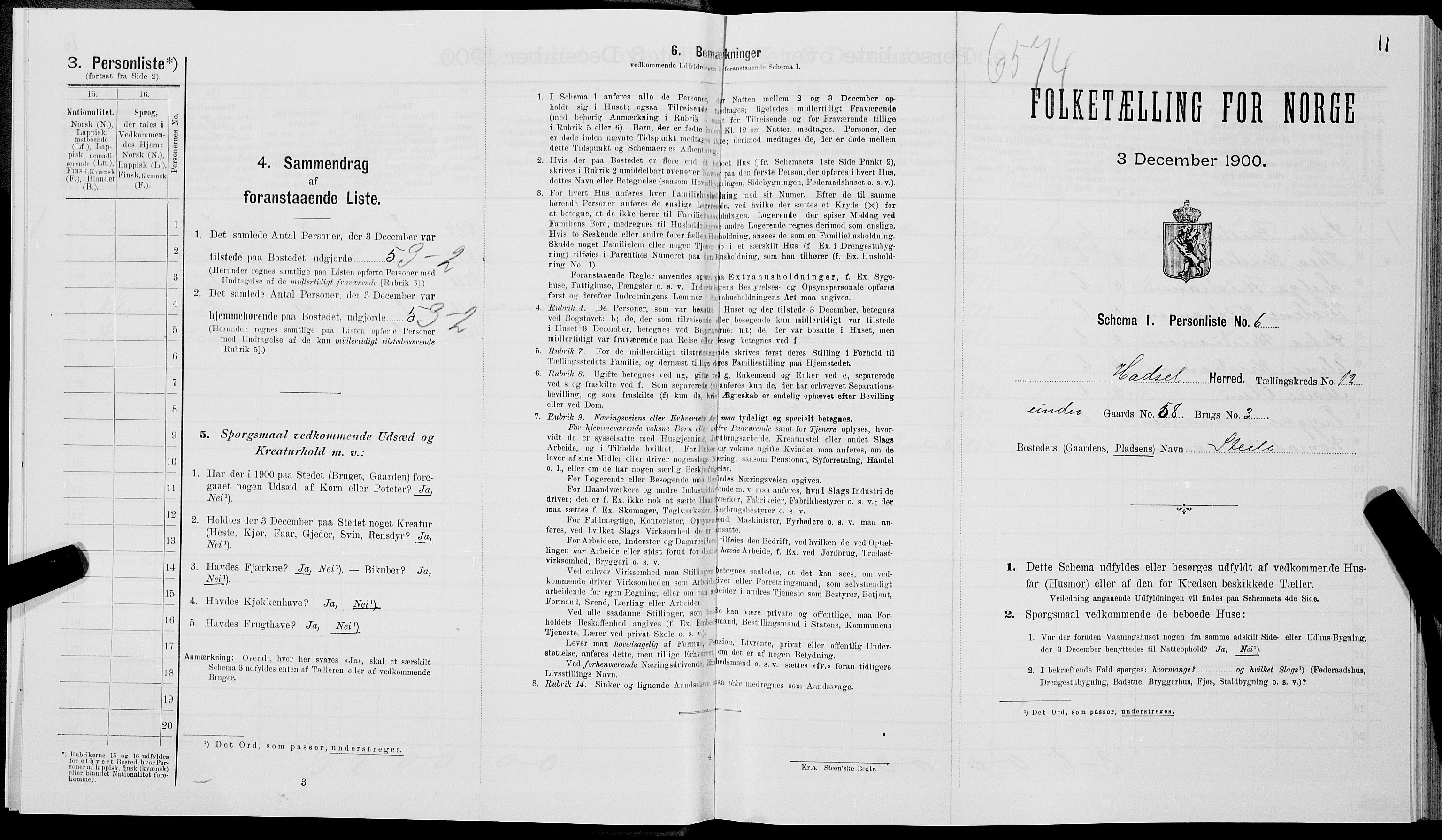 SAT, 1900 census for Hadsel, 1900, p. 1116