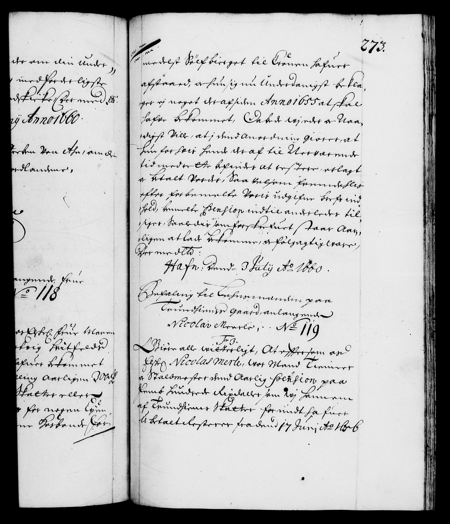 Danske Kanselli 1572-1799, RA/EA-3023/F/Fc/Fca/Fcab/L0010: Norske tegnelser (mikrofilm), 1657-1660, p. 273a