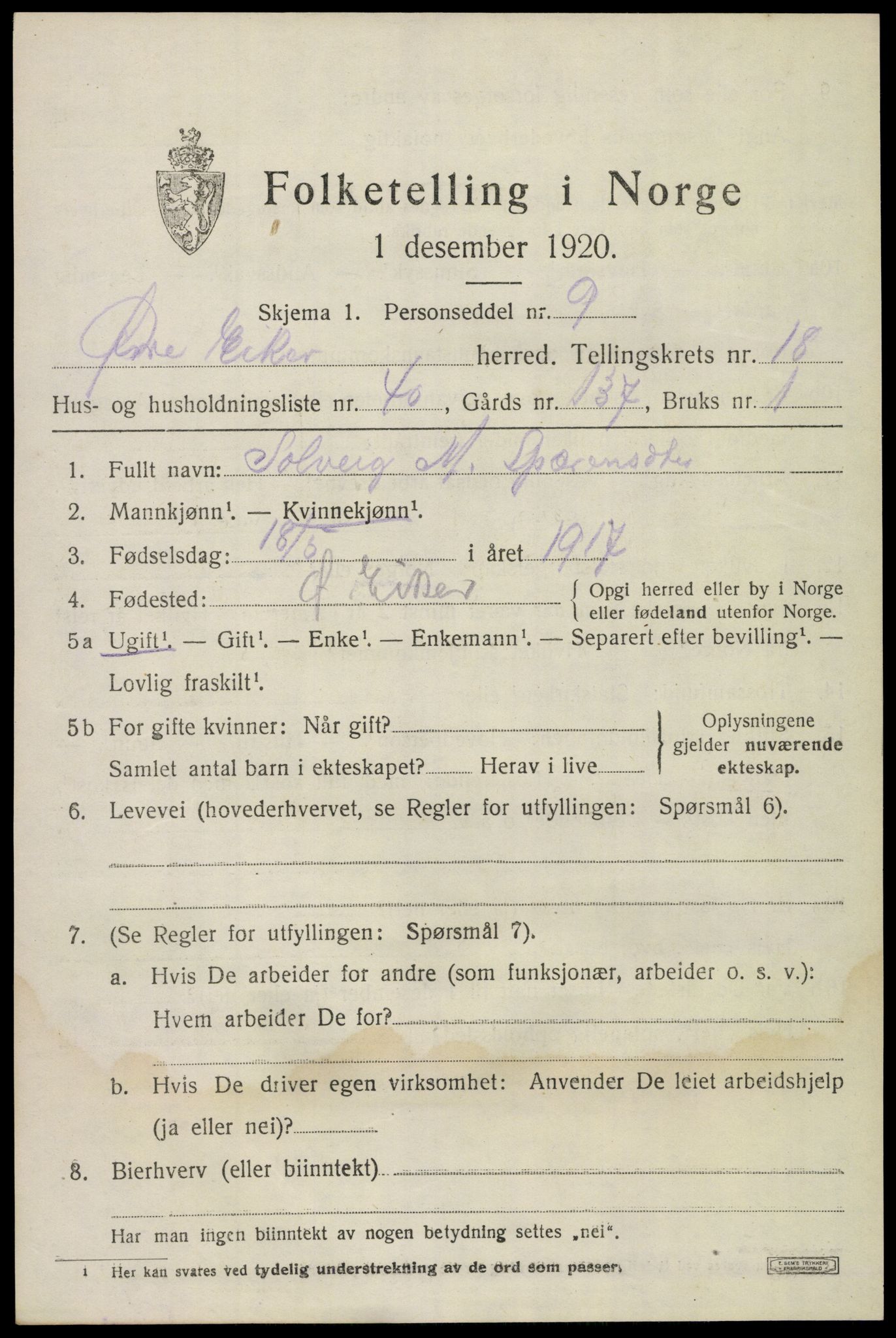 SAKO, 1920 census for Øvre Eiker, 1920, p. 22072