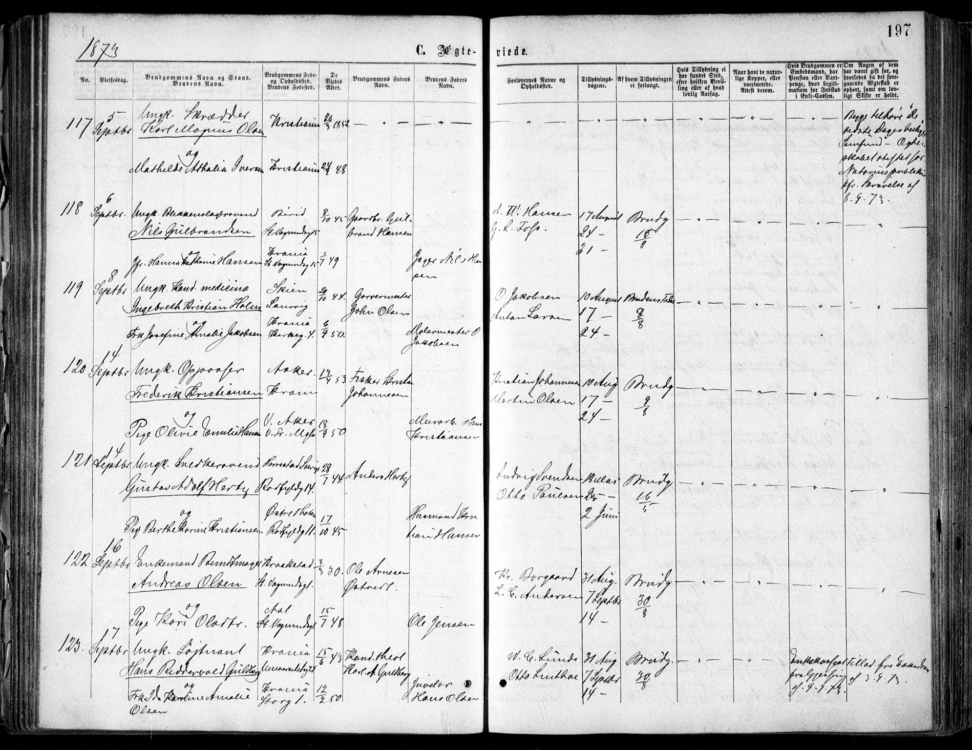Oslo domkirke Kirkebøker, SAO/A-10752/F/Fa/L0021: Parish register (official) no. 21, 1865-1884, p. 197