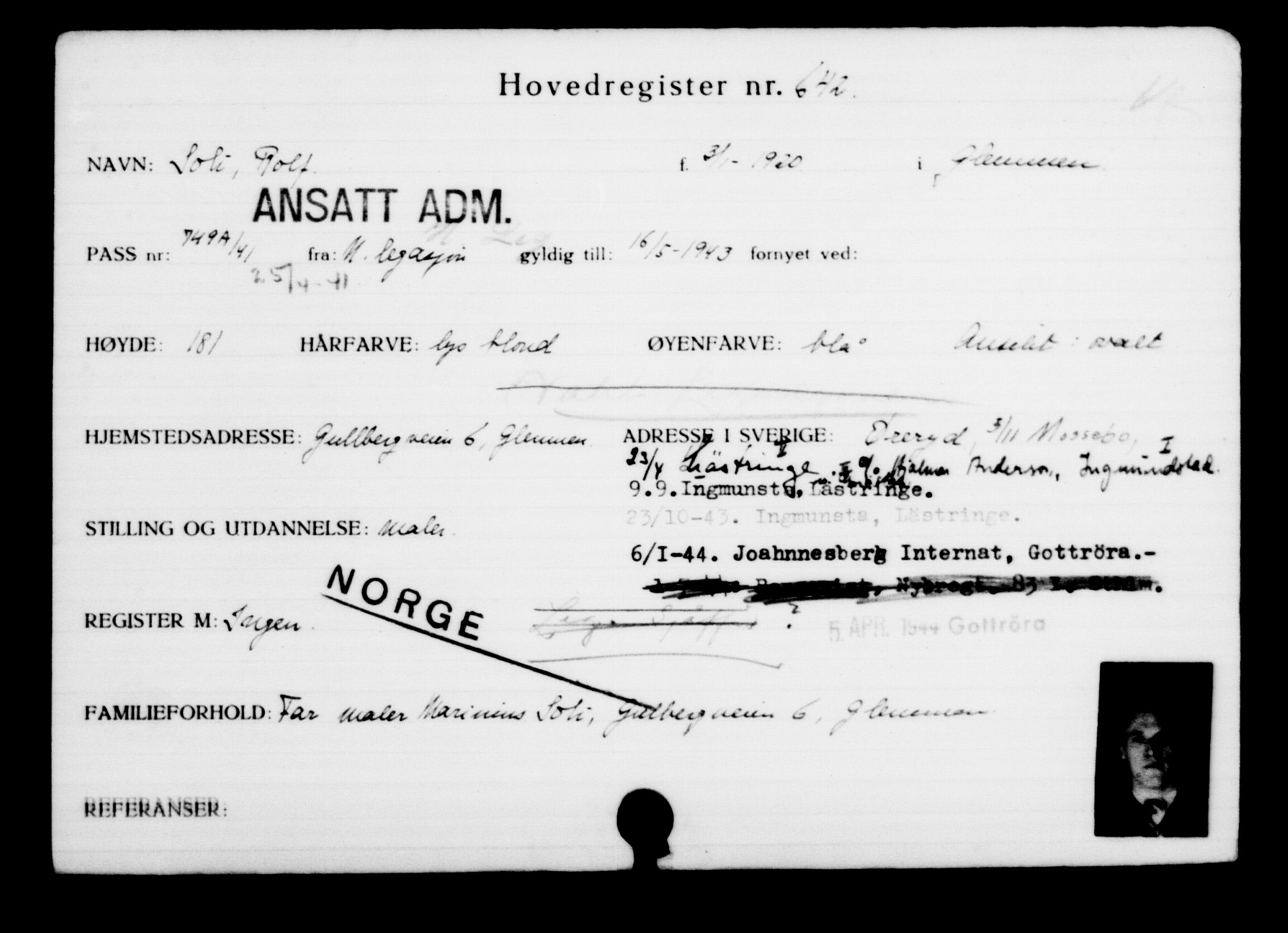 Utenriksstasjonene, Legasjonen i Stockholm, Flyktningkontoret, AV/RA-S-6753/V/Va/L0001: Kjesäterkartoteket, flyktninger med registreringsnr. 1-1000, 1940-1945, p. 1001
